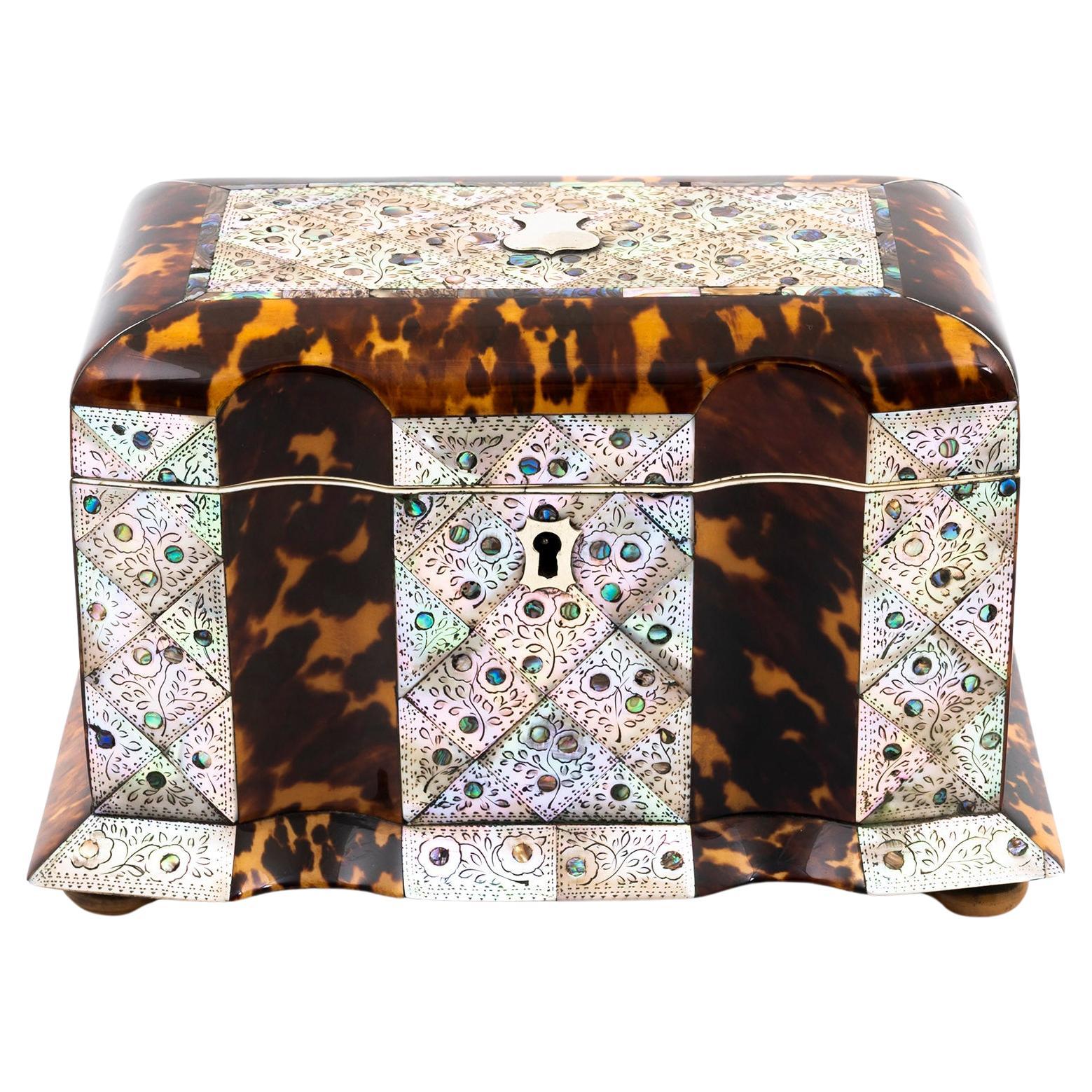 Regency Tortoiseshell and Mother of Pearl Serpentine Tea Caddy For Sale