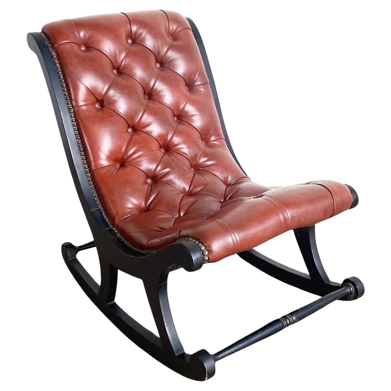 Regency Tufted Leather Rocking Chair For Sale