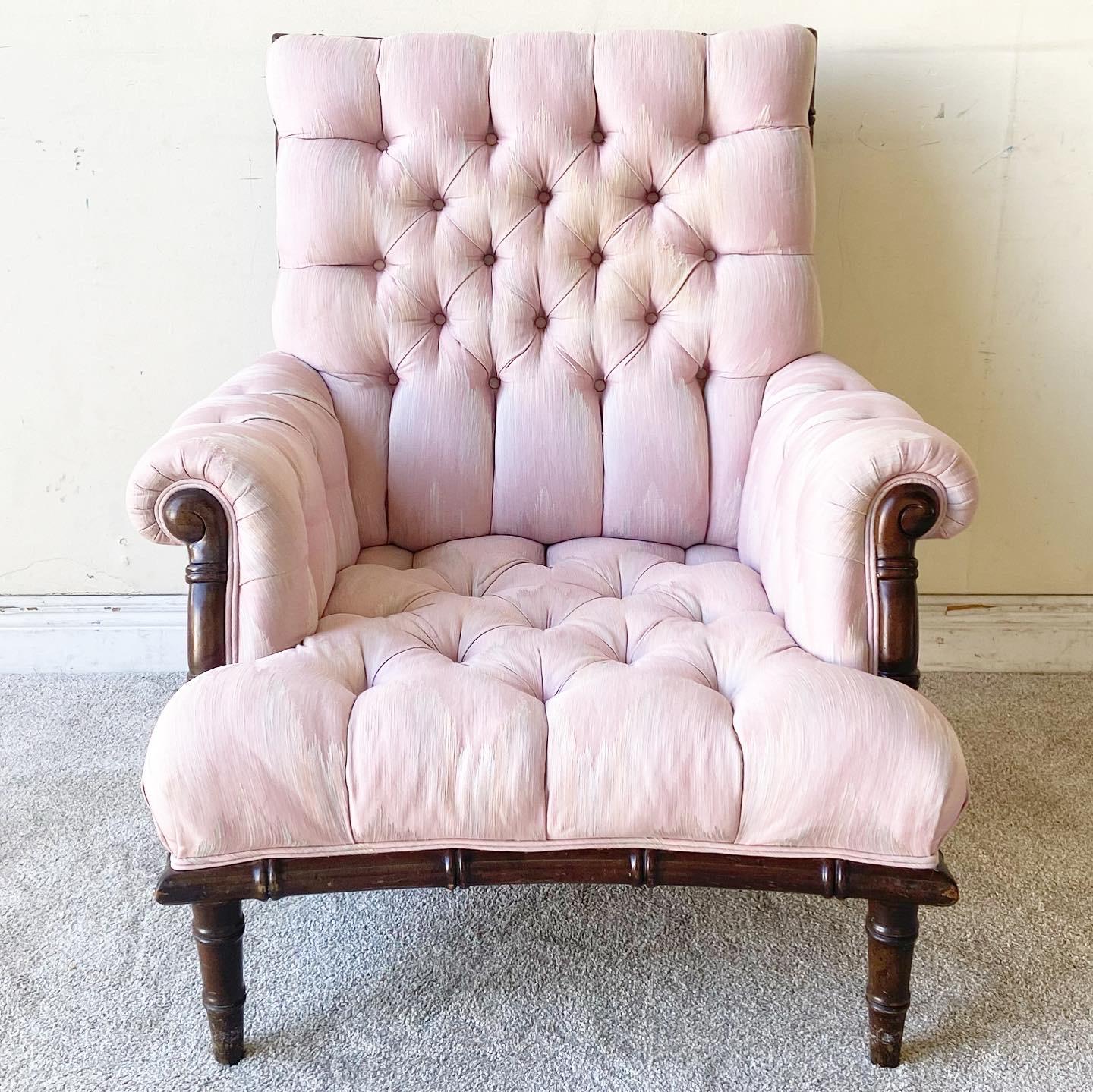 Regency Tufted Pink Fabric Faux Bamboo Lounge Chair with Ottoman In Good Condition In Delray Beach, FL