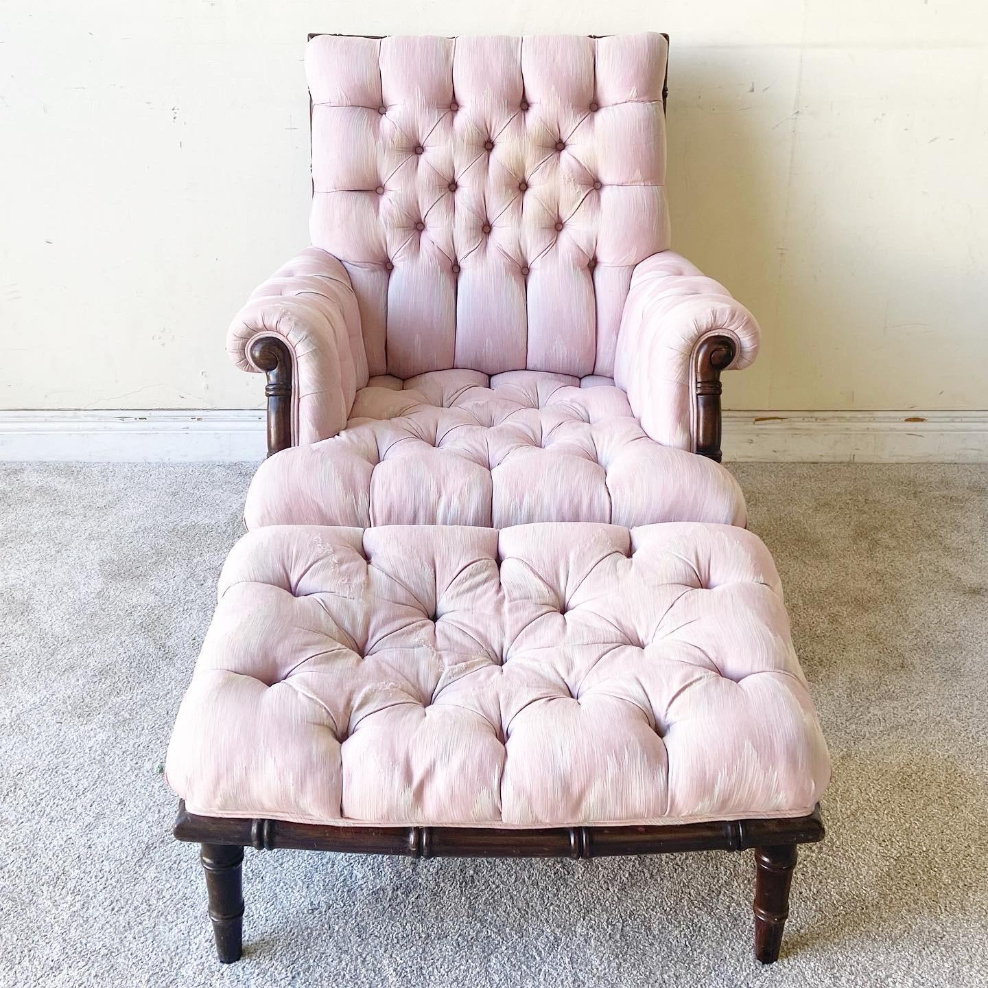 Late 20th Century Regency Tufted Pink Fabric Faux Bamboo Lounge Chair with Ottoman