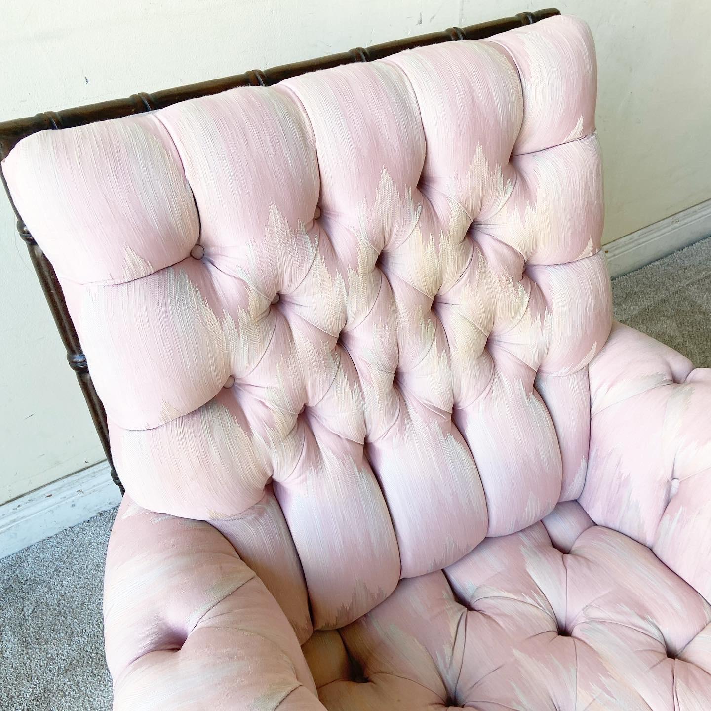 Regency Tufted Pink Fabric Faux Bamboo Lounge Chair with Ottoman 5