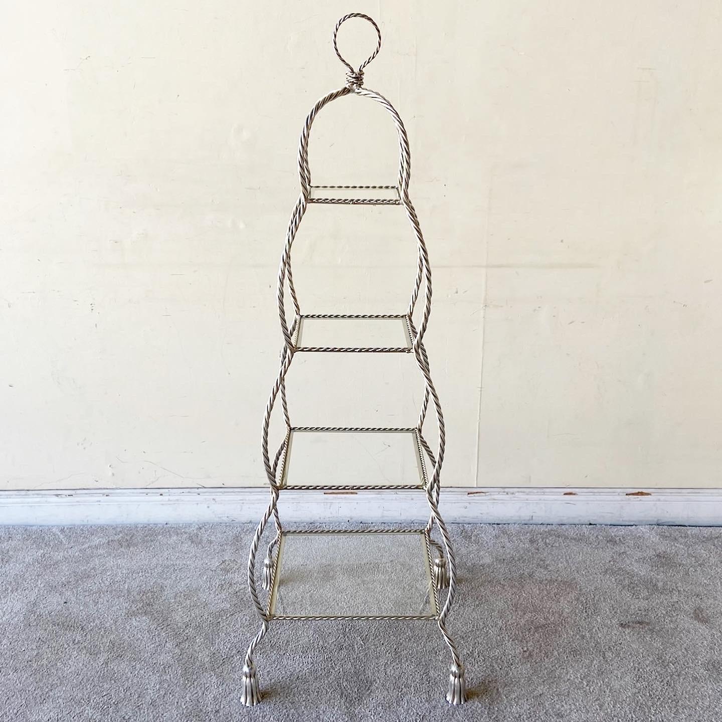 Regency Twisted Metal Rope 4 Tier Glass Shelf Etagere In Good Condition For Sale In Delray Beach, FL