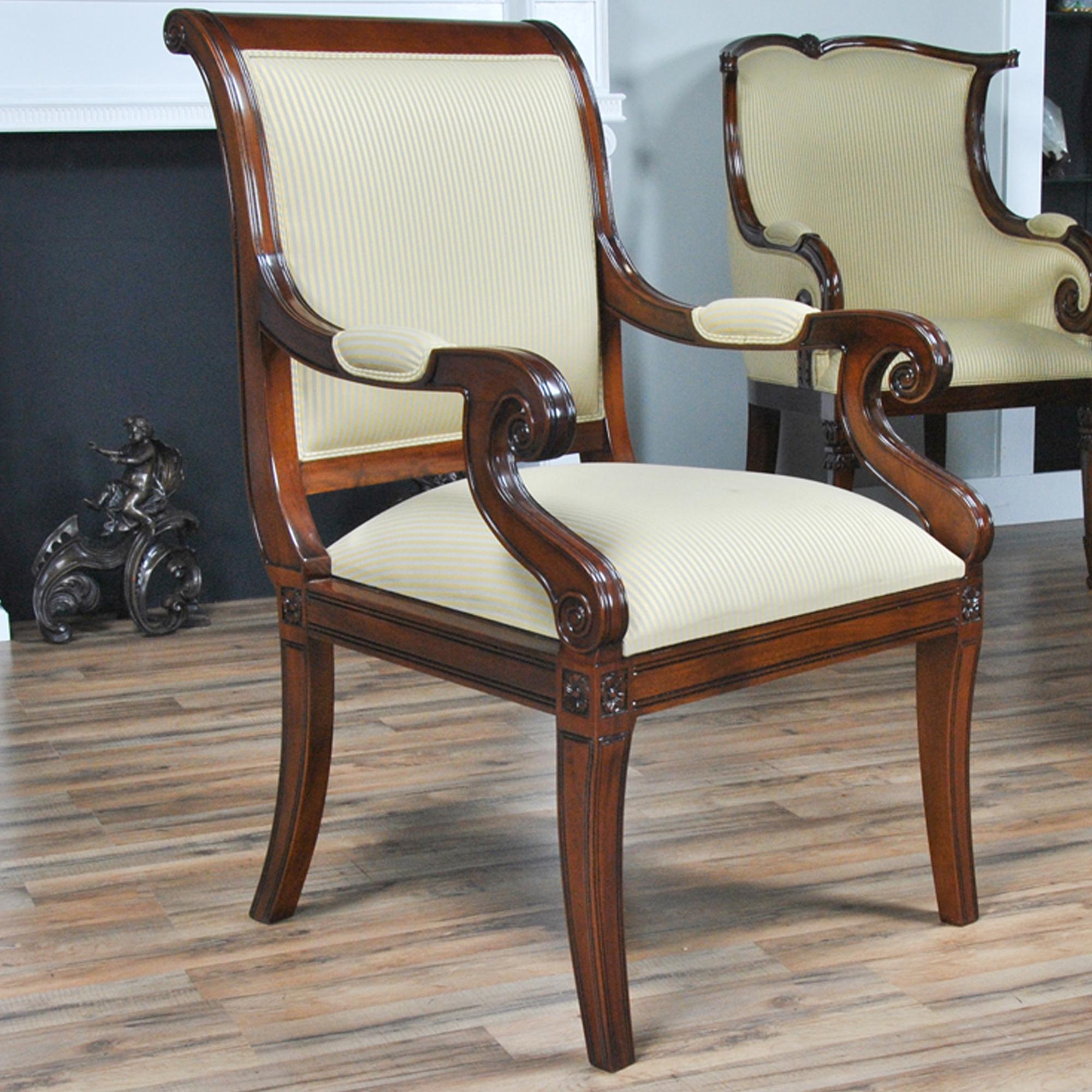 This set of 10 Regency Upholstered Chairs are complete with 2 arm chairs and 8 side chairs. The super simple design of the Regency Upholstered Chairs feature sweeping lines and finely executed details which makes these great quality chairs very