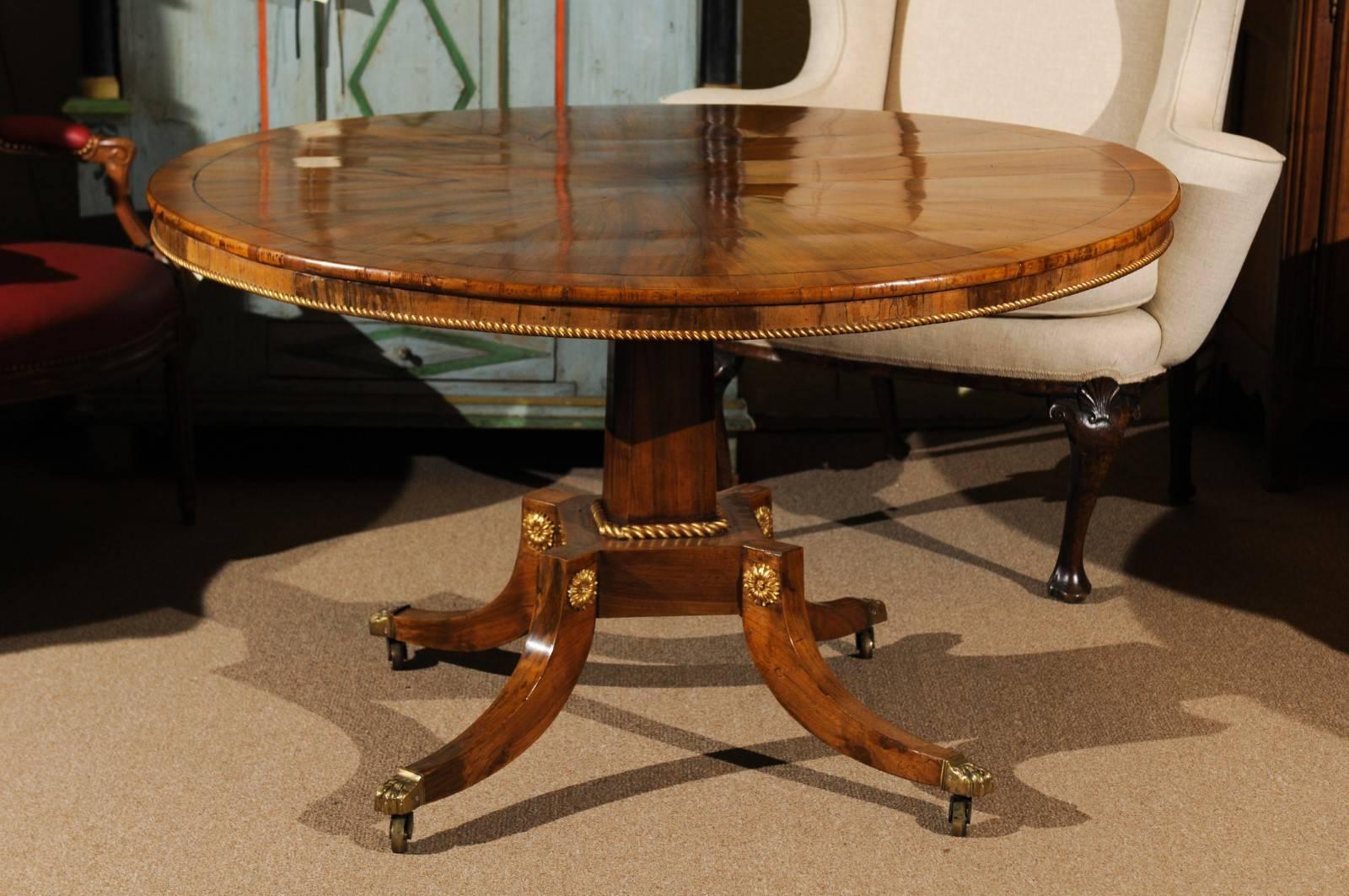 Brass Regency Walnut and Elm Center Table, Early 19th Century