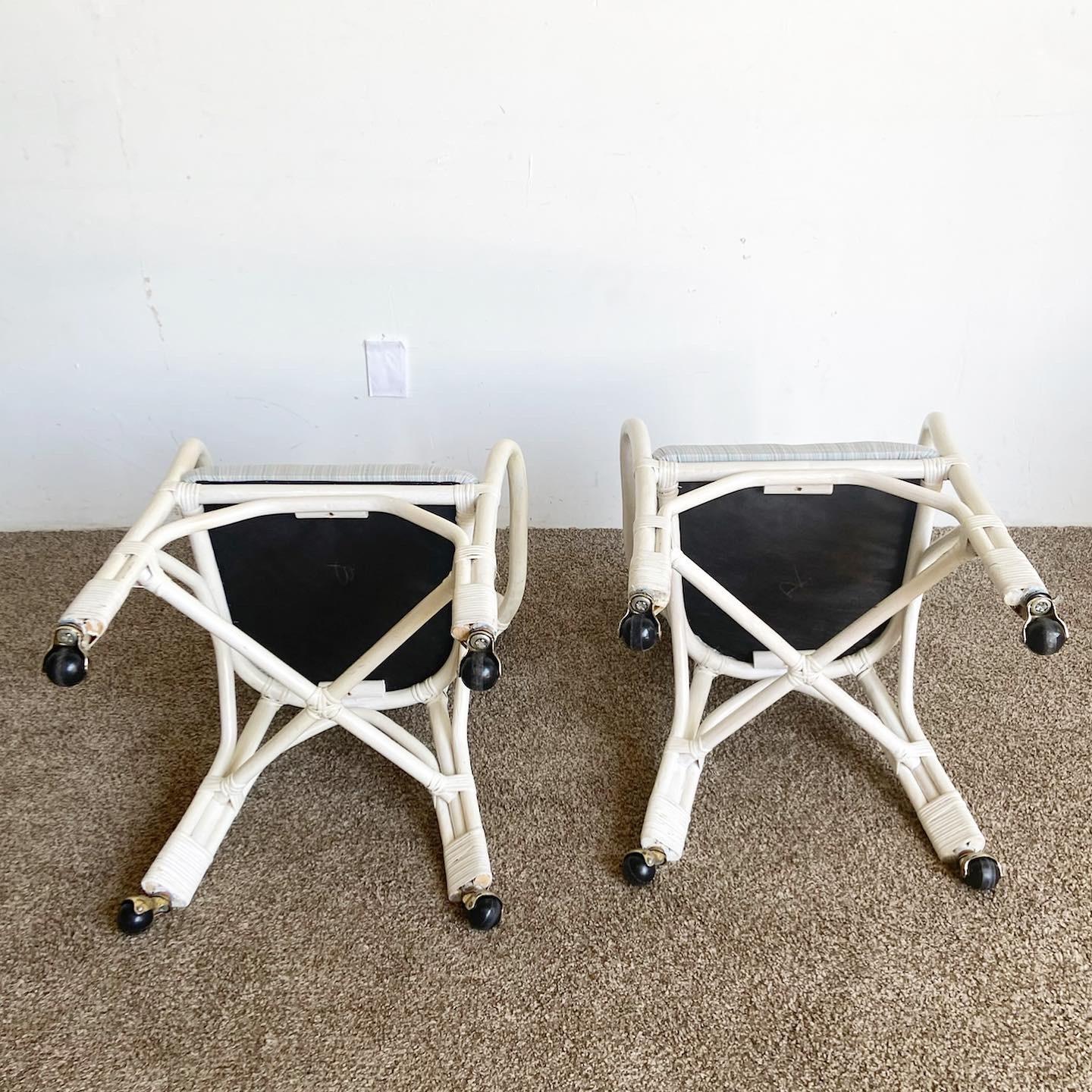 Regency White Cane Back Bamboo Rattan Dining Chairs on Casters - Set of 4 In Good Condition For Sale In Delray Beach, FL