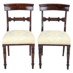 Regency William IV Bar Back Mahogany Damask Upholstered Side Dining Chairs C1830