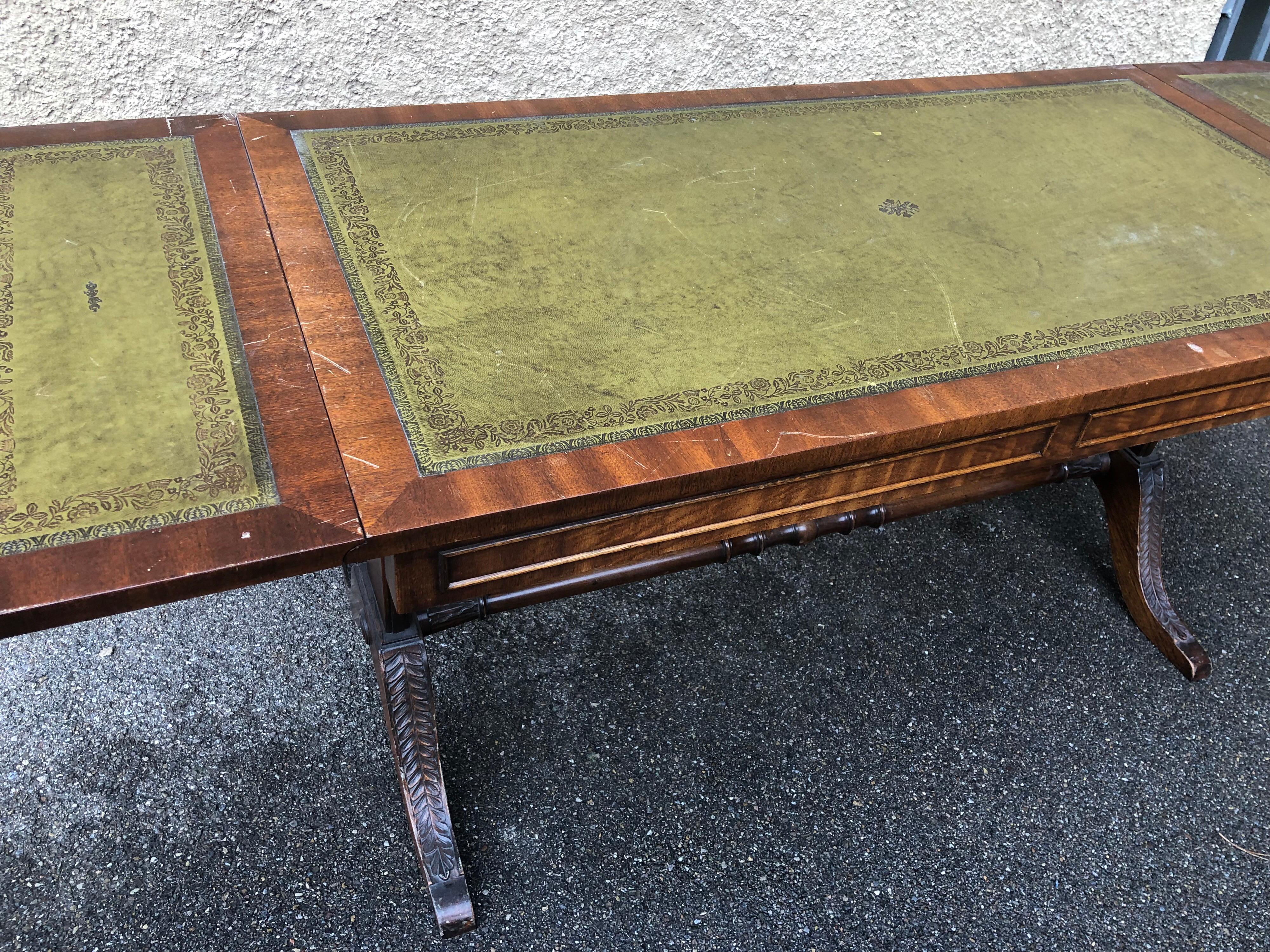 British Regency Wood Low Coffee Green Leather Foldable Table