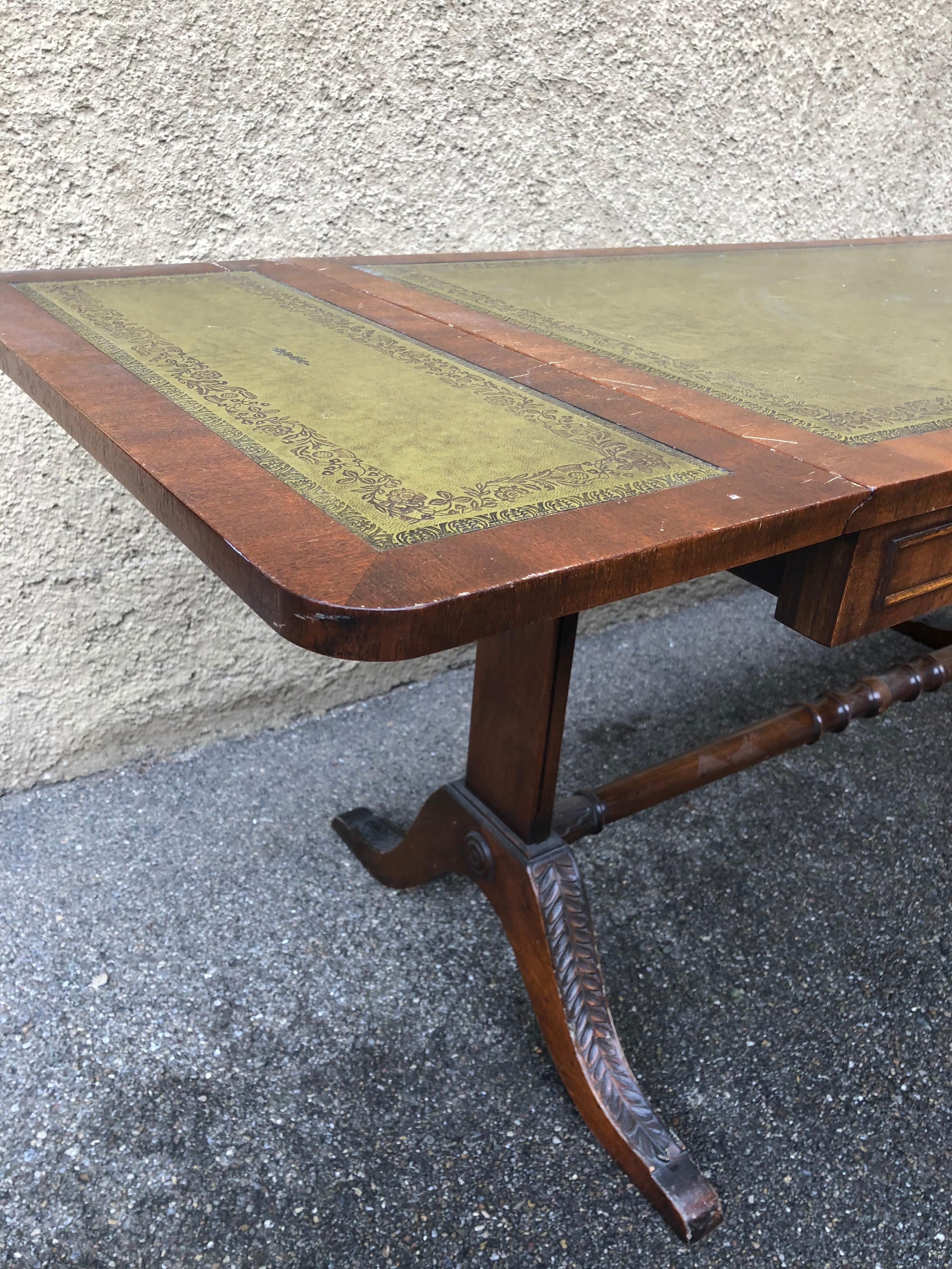Hand-Carved Regency Wood Low Coffee Green Leather Foldable Table