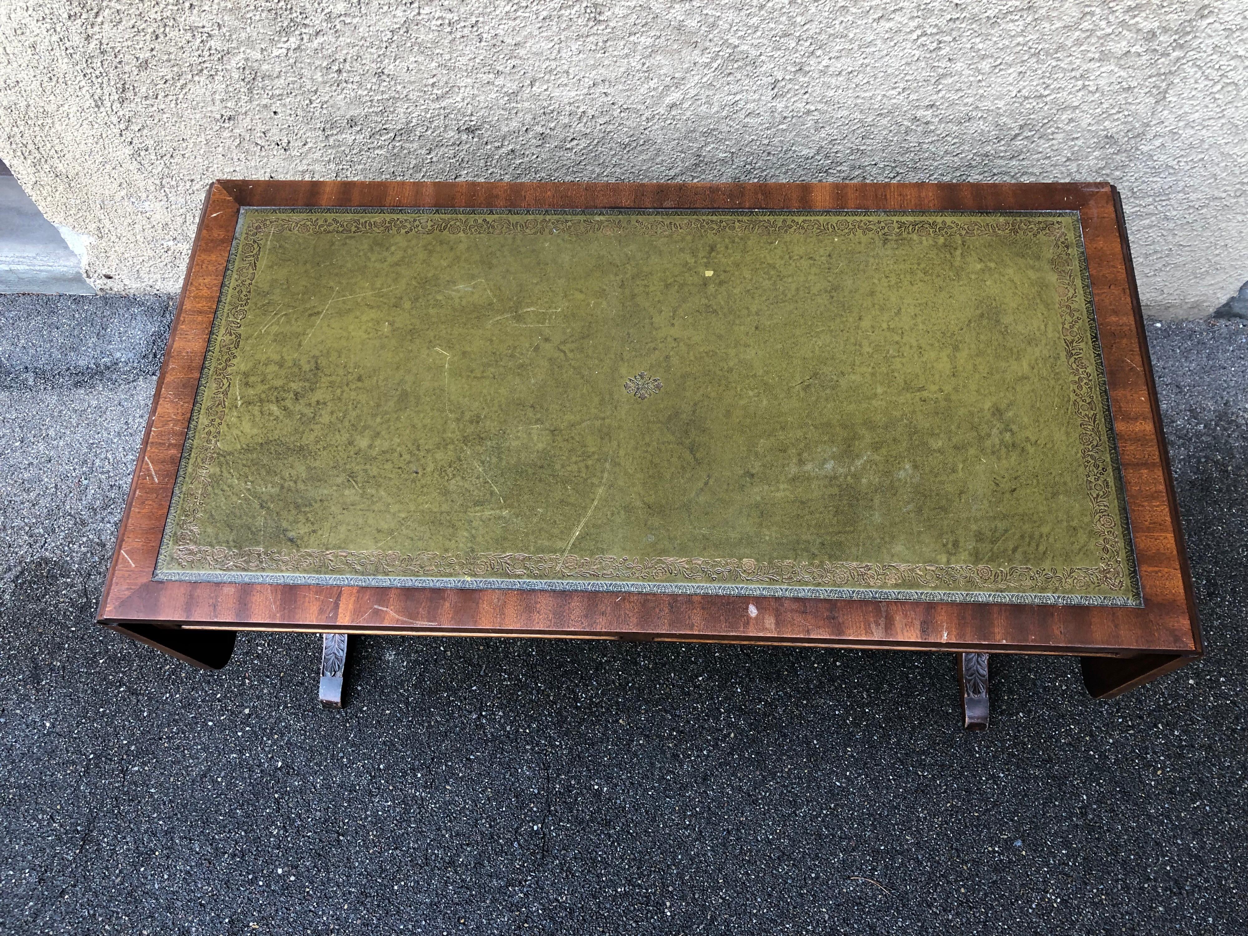Regency Wood Low Coffee Green Leather Foldable Table In Good Condition In Sofia, BG