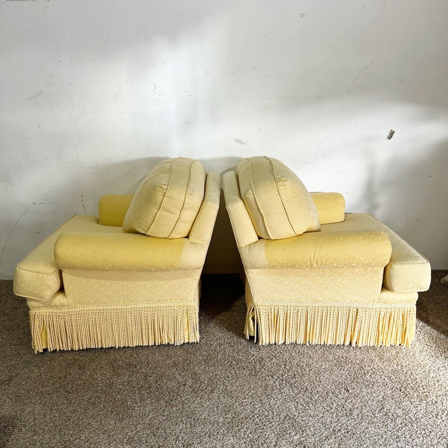 Regency Yellow Fabric Arm Chairs With Pillows and Covers - a Pair In Good Condition For Sale In Delray Beach, FL