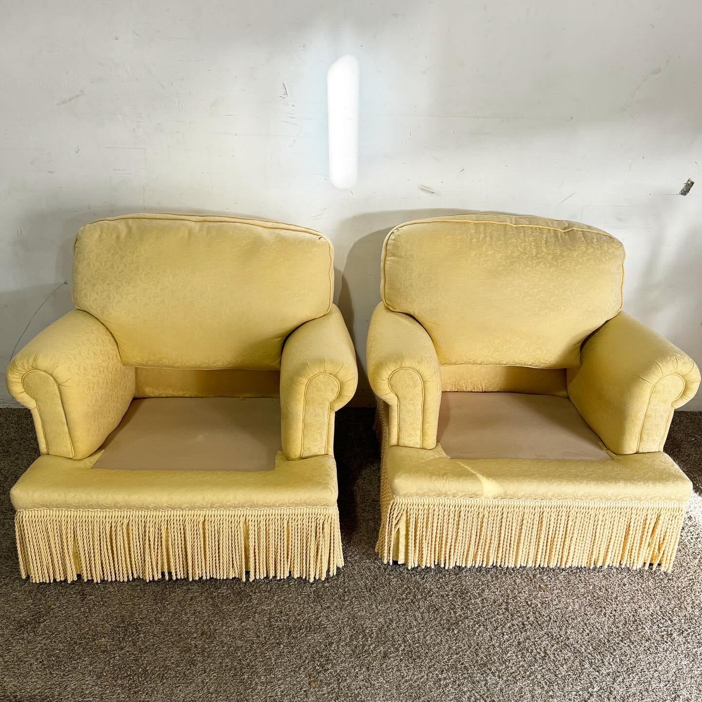 Regency Yellow Fabric Arm Chairs With Pillows and Covers - a Pair For Sale 3