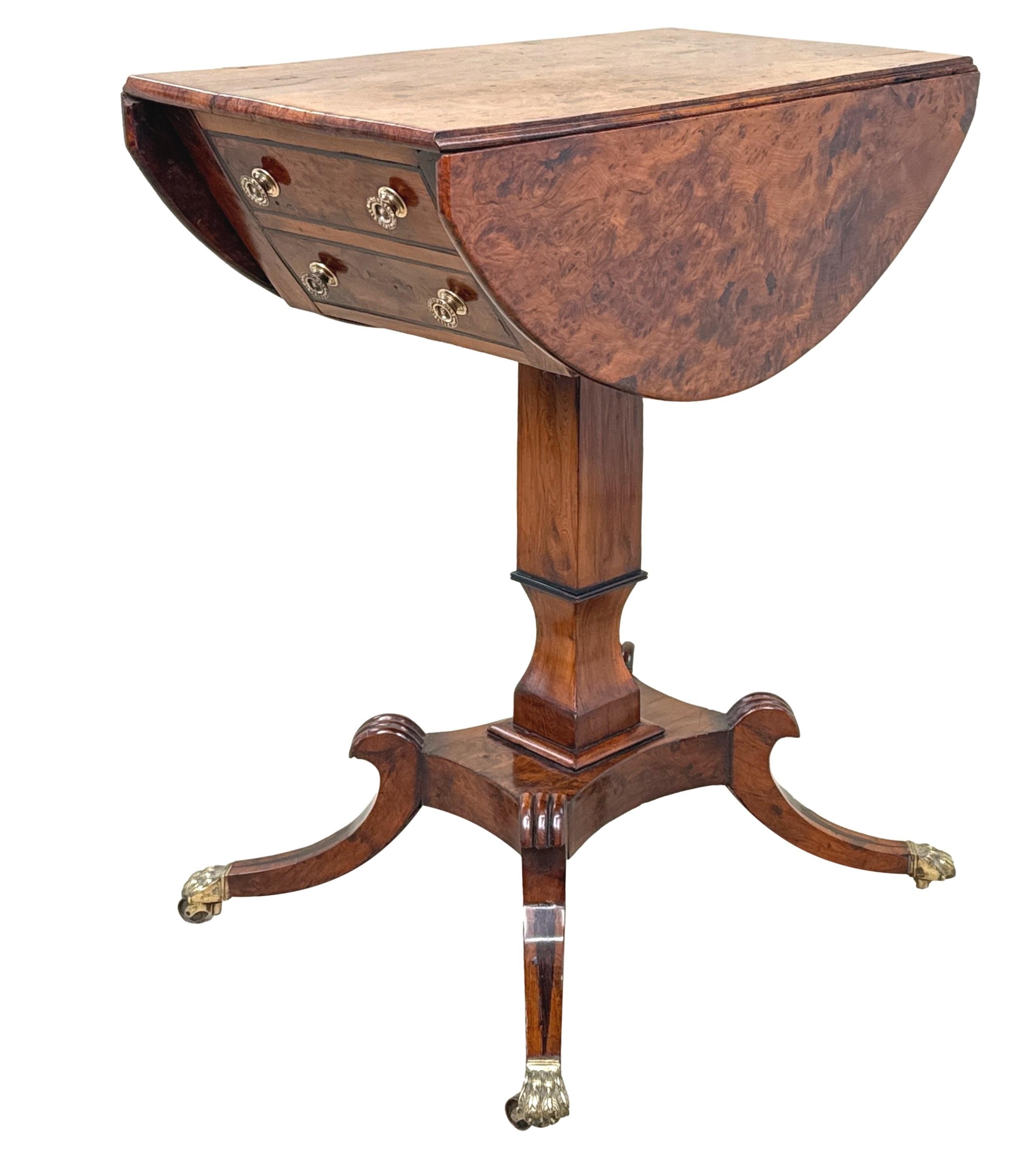 A Stunning Regency Period, 19th Century Georgian, Burr Yew Wood Baby Pembroke Table, Or Occasional Lamp Table, Retaining Excellent Colour And Patina, With Superbly Figured Oval Two Flap Top, Above Two Frieze Drawers, Opposed By Two False Frieze