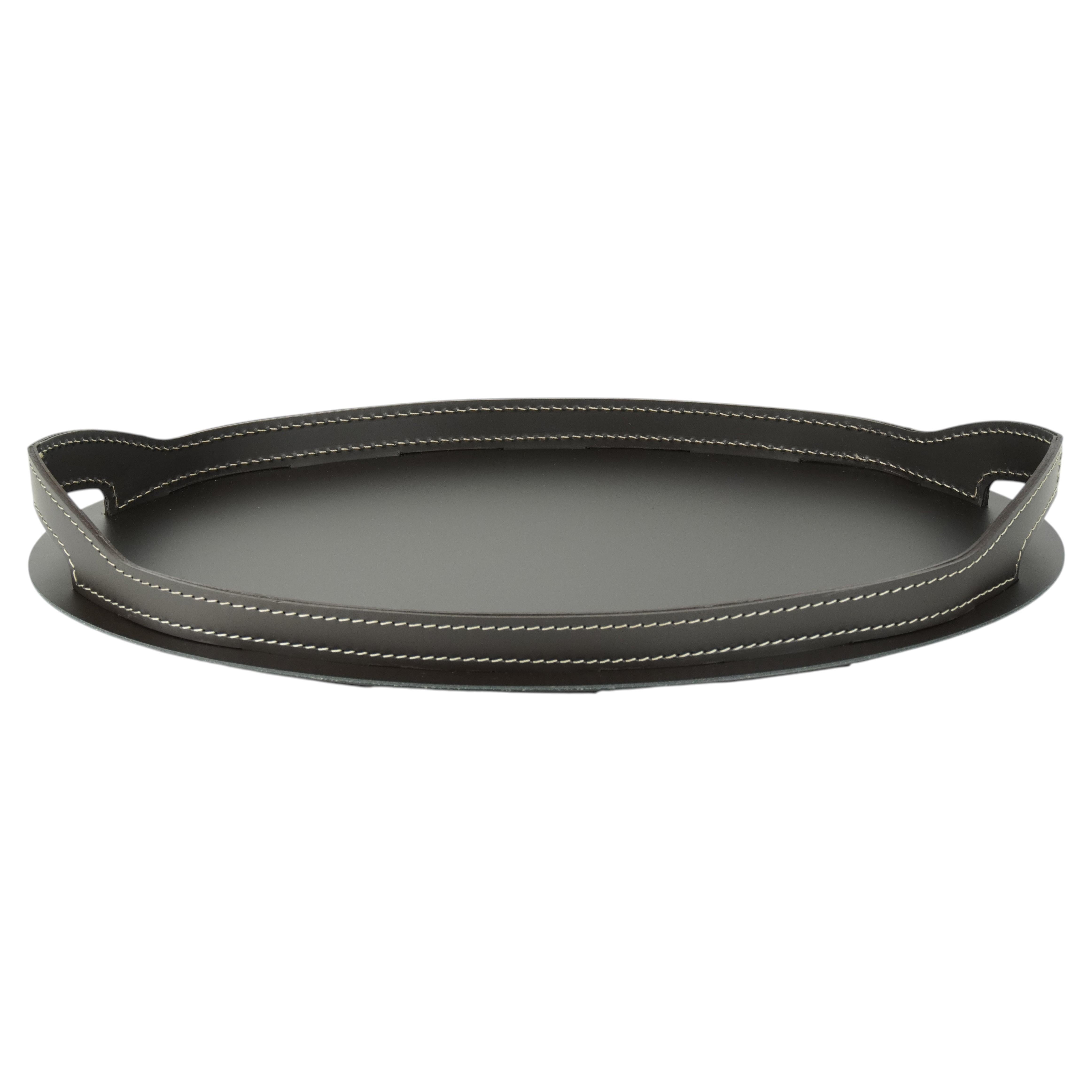 Bandeja ovalada TABLA de cuero regenerado y acero - 50 x 33 cm en venta