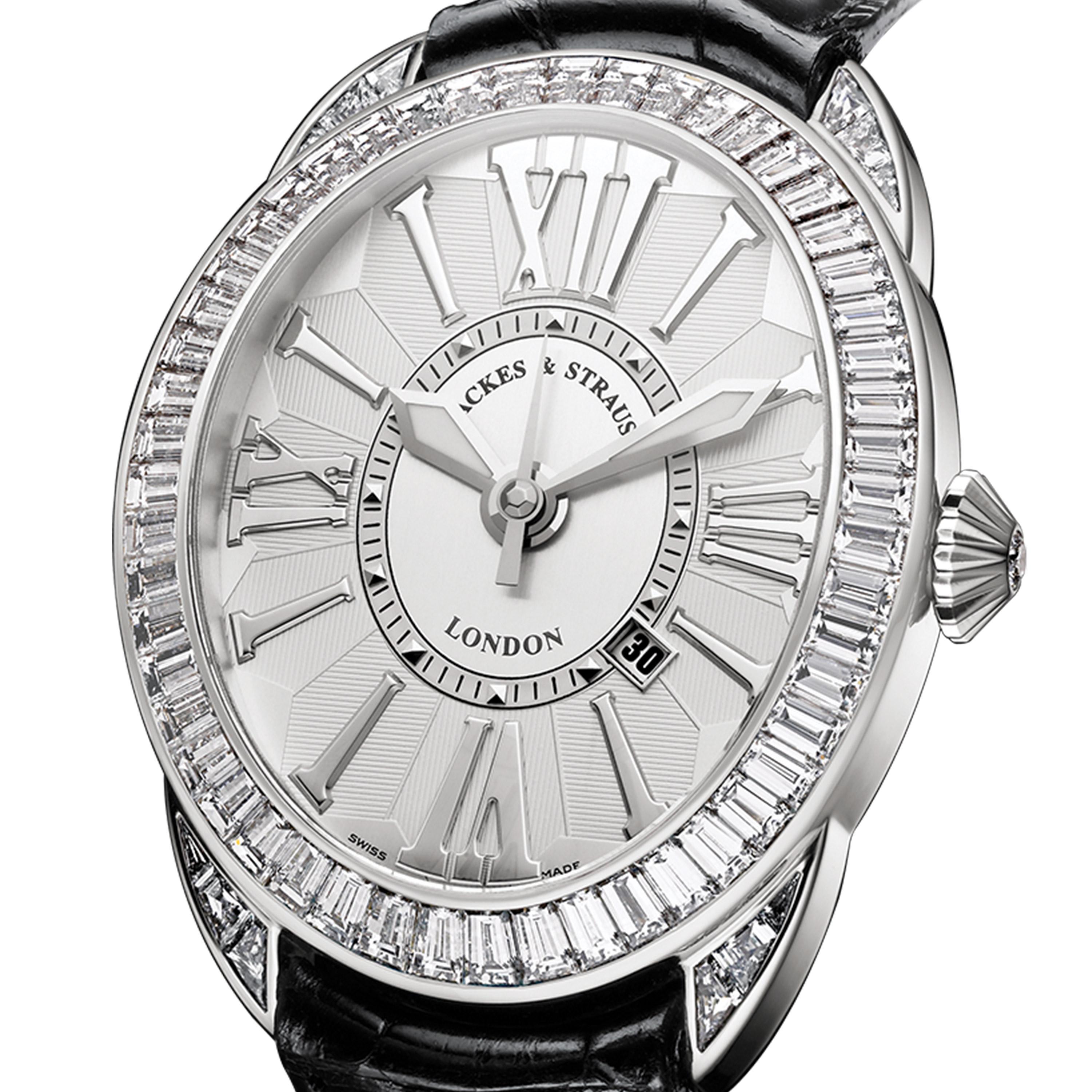 Regent Brexit 4047 is a luxury diamond watch for men crafted in white gold, featuring a white oval dial with white roman numerals, automatic movement. The case and crown are set with white baguette and Ideal Cut diamonds. It is a 40 mm x 47 mm