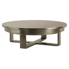 REGENT Round Coffee Table in Silver Leaf with Wooden Top and X Cross Base