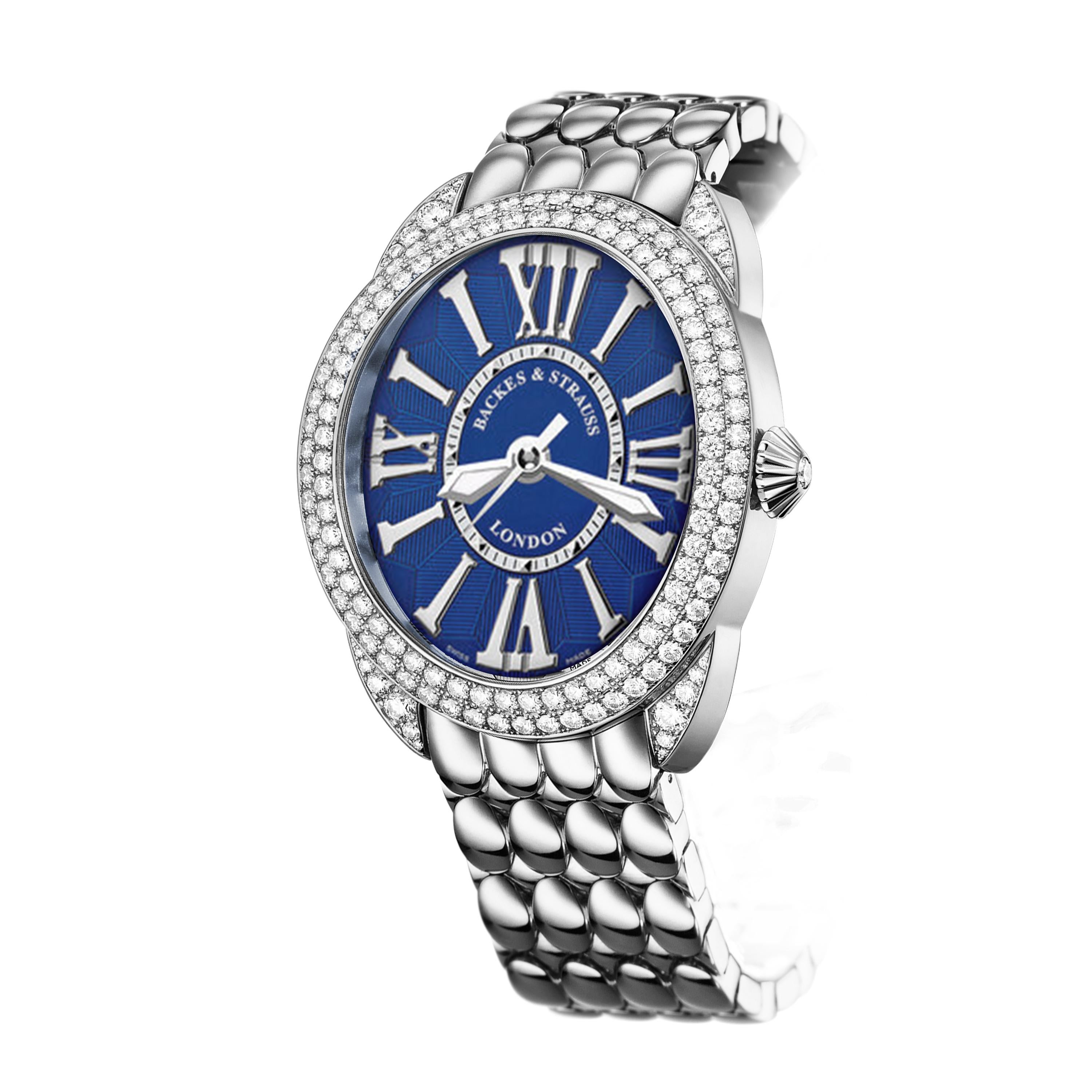 Regent Steel 3238 is a luxury diamond watch for women crafted in Stainless Steel, featuring a blue oval dial with steel Roman numerals, automatic movement. The case and crown are set with white Ideal Cut diamonds. It is a 32 mm x 38 mm casual watch