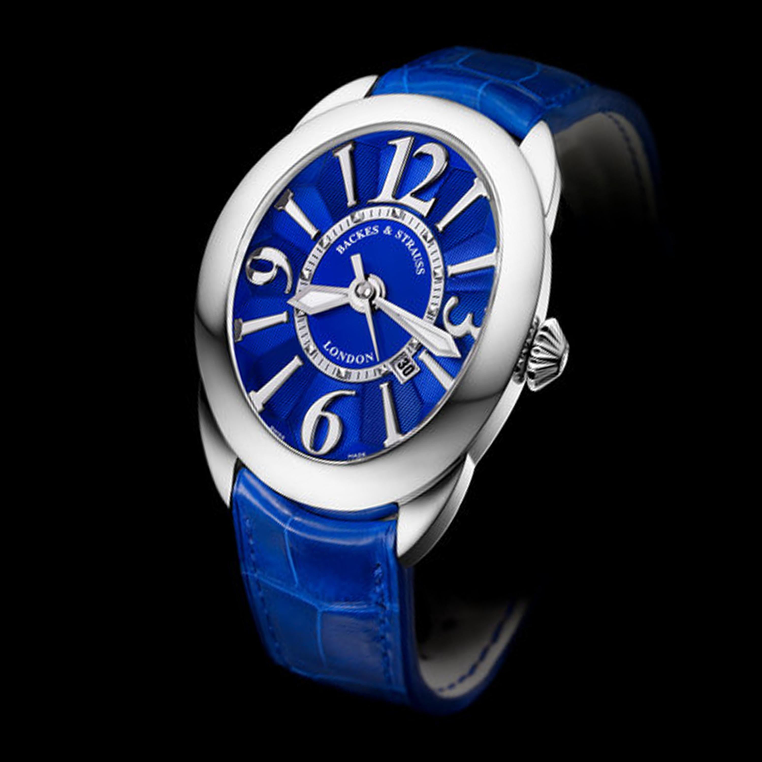 Regent Steel 4452 is a luxury diamond watch for men crafted in Stainless Steel, featuring a blue oval dial with steel Arabic numerals, automatic movement. The crown is set with white Ideal Cut diamonds. It is a 44 mm x 52 mm casual watch with the