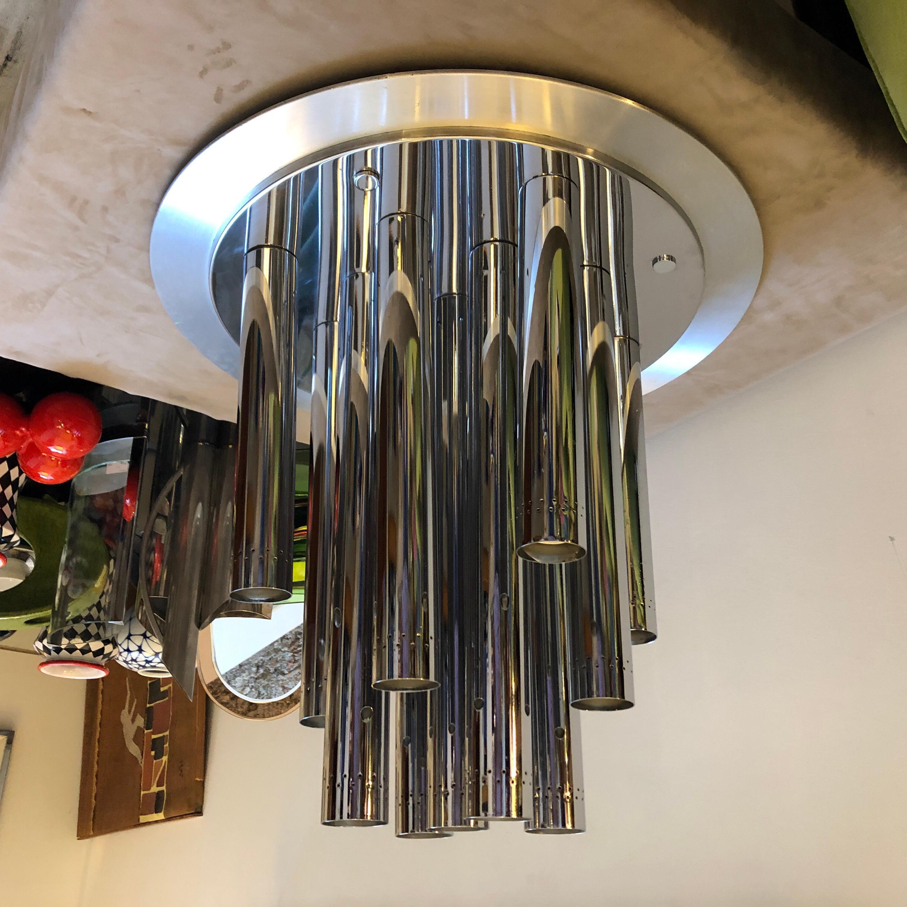 1970s Reggiani Huge Space Age Chromed Steel Italian Thirteen Lights Chandelier In Good Condition In Aci Castello, IT