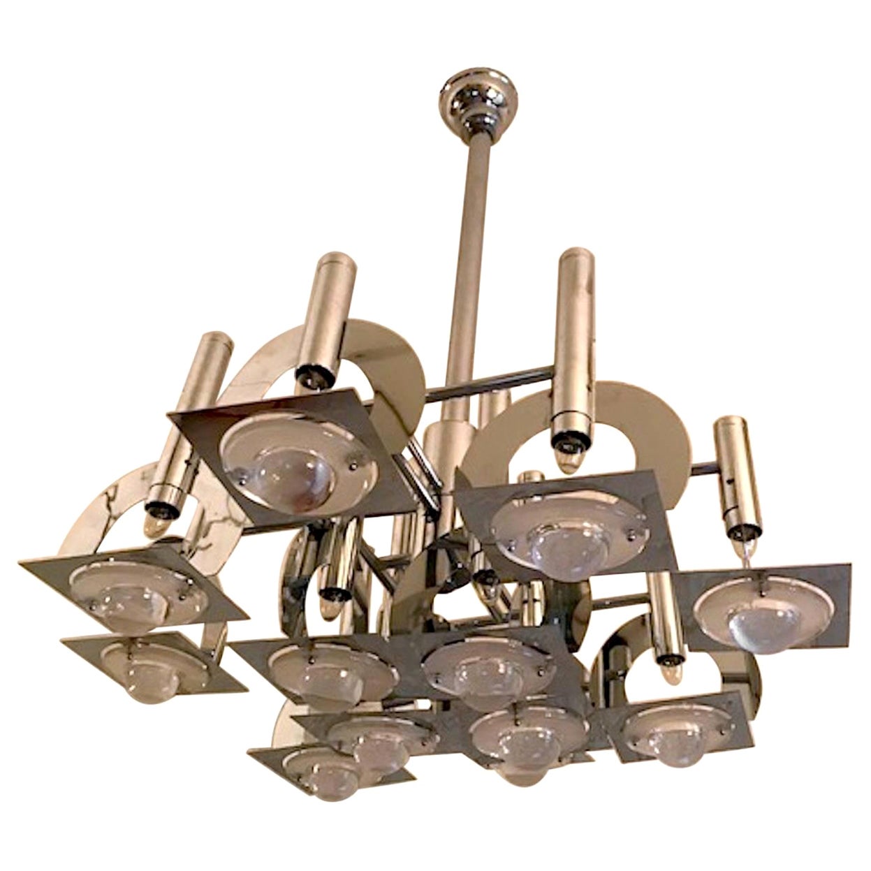 Lustre abstrait Reggiani d'Italie des années 1970 en chrome et verre avec lentille