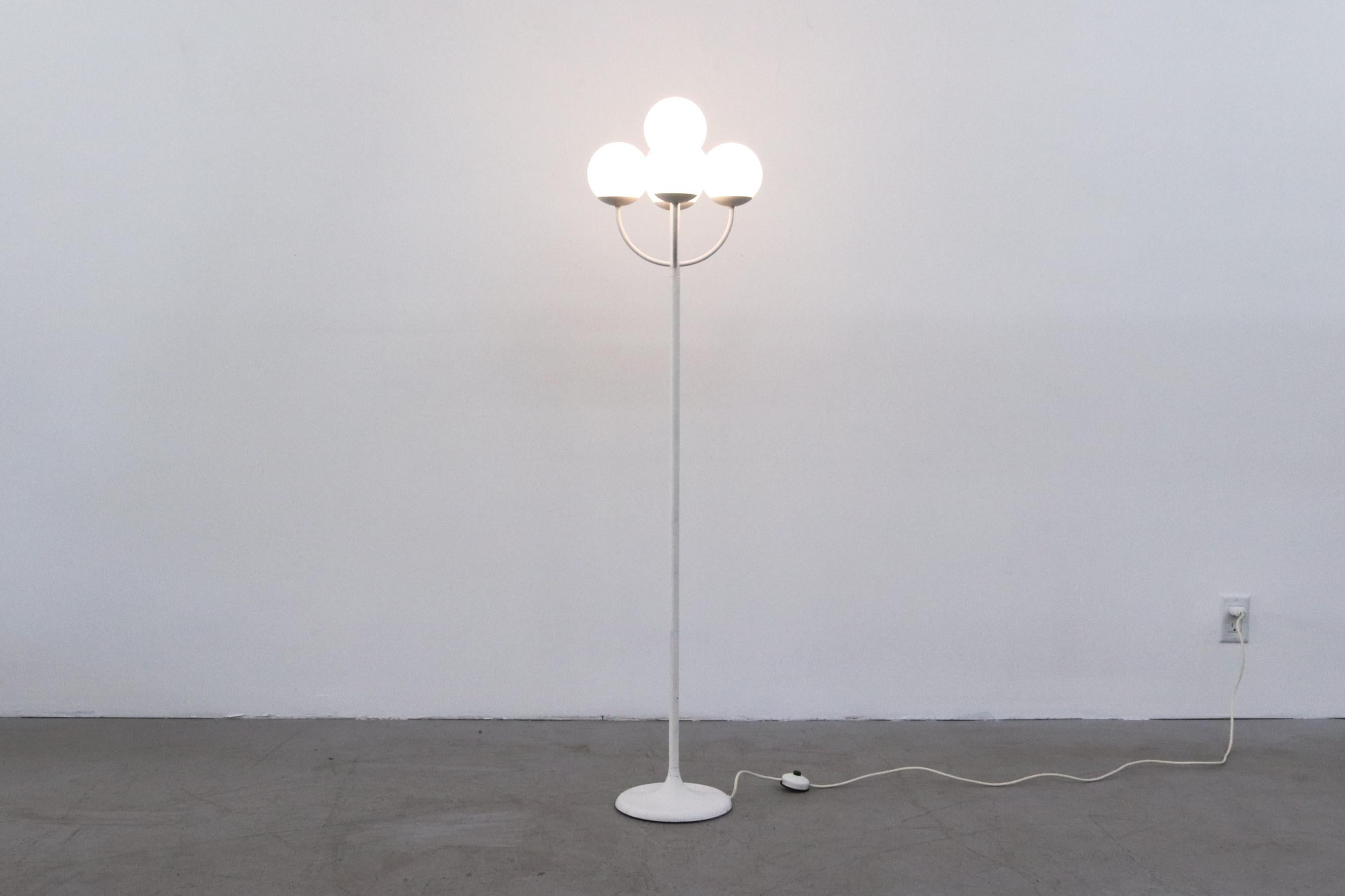 Mid-Century Modern Reggiani Style White Tulip Base Multi-Globe Milk Glass Floor Lamp For Sale