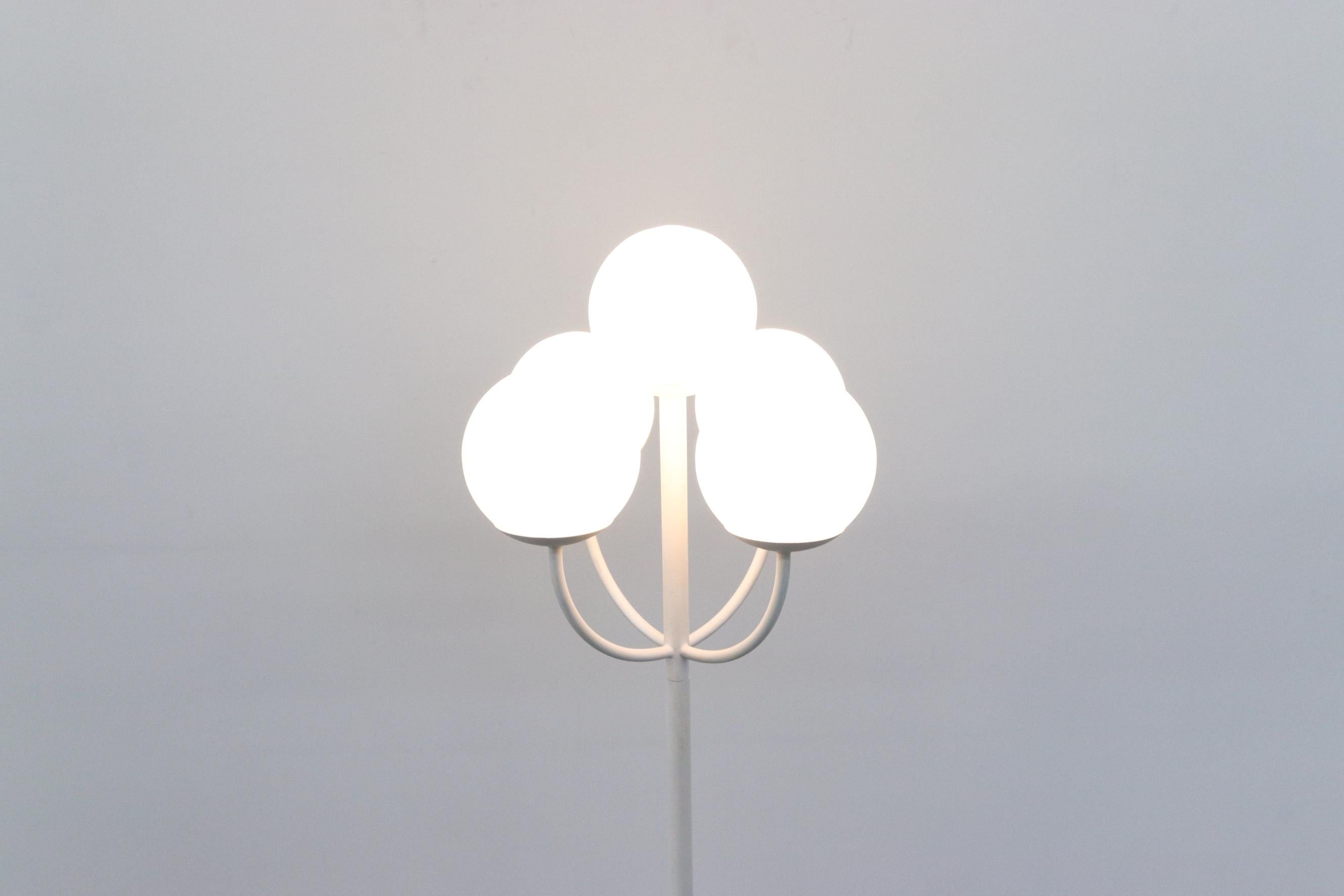 Enameled Reggiani Style White Tulip Base Multi-Globe Milk Glass Floor Lamp For Sale