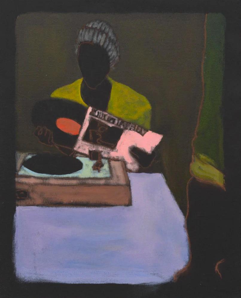 Reggie Burrows Hodges Portrait Print - Playing Dub Records at Fima Post, 2024 (figure playing a vinyl record)