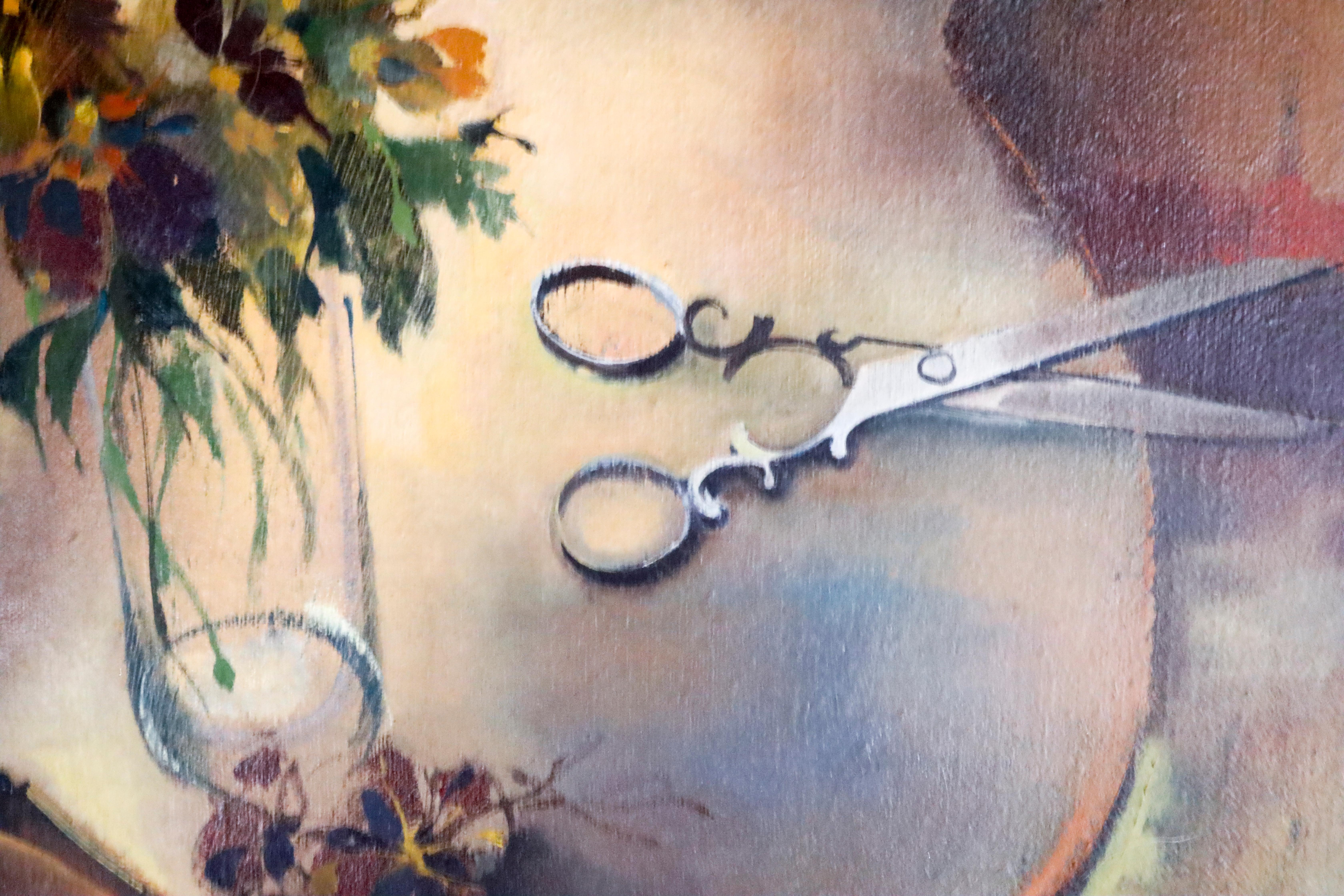 Nantucket  artist Reggie Levine, evolved from his figurative work in the 40's-50's to abstract in the 1960's and later to found object art.  Interestingly I see his interest in found objects assemblages, in this painting, adding a pair of scissors