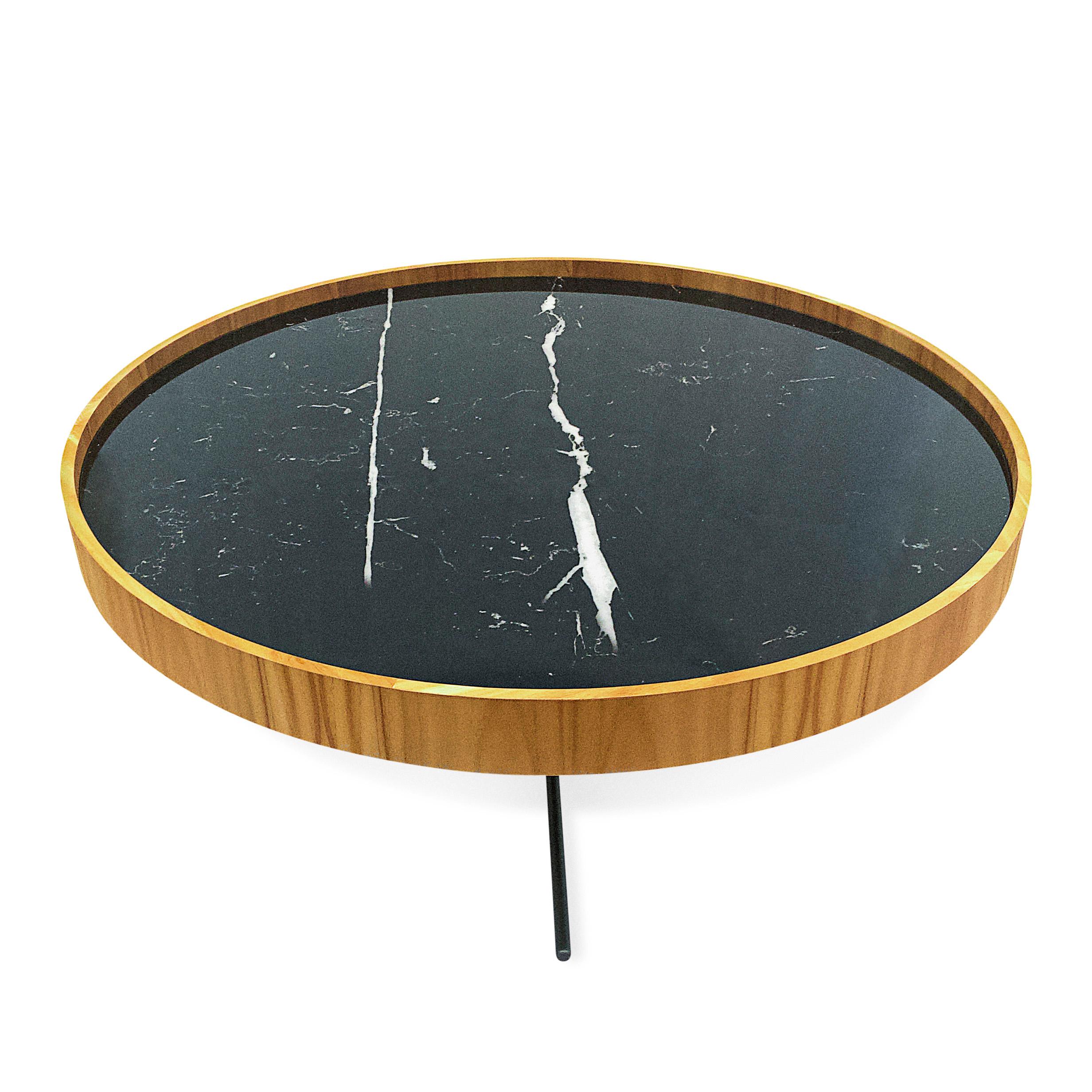 Polished Regia Occasional Table in Teak Wood Finish Featuring Black Nero Glass, Set of 2 For Sale