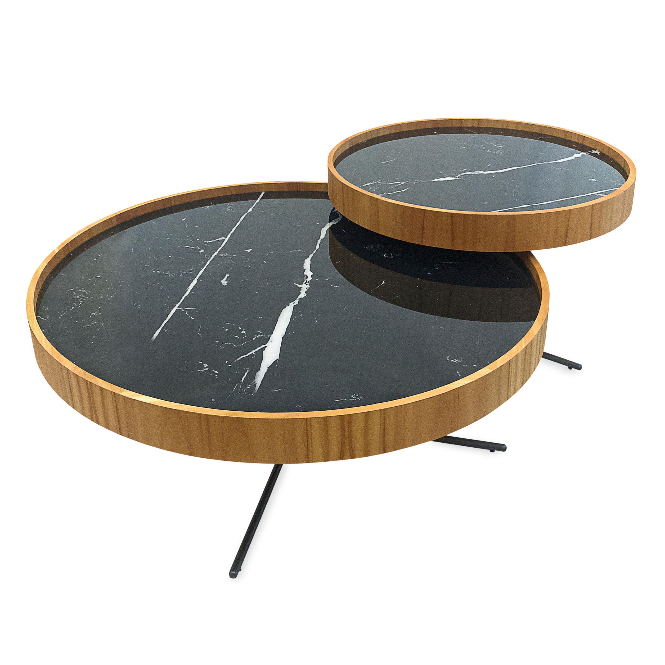 Contemporary Regia Occasional Table in Teak Wood Finish Featuring Black Nero Glass, Set of 2 For Sale