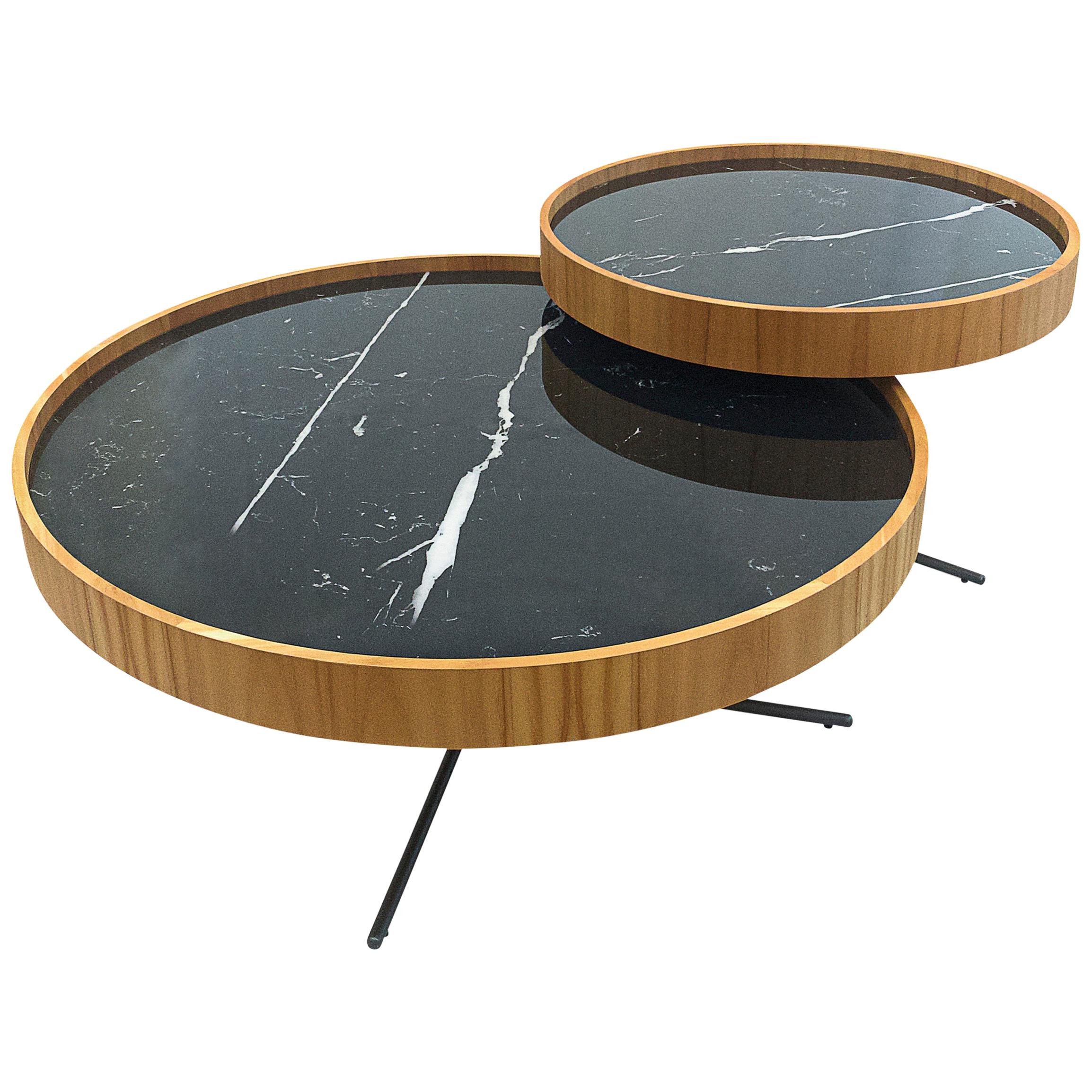 Regia Occasional Table in Teak Wood Finish Featuring Black Nero Glass, Set of 2 For Sale