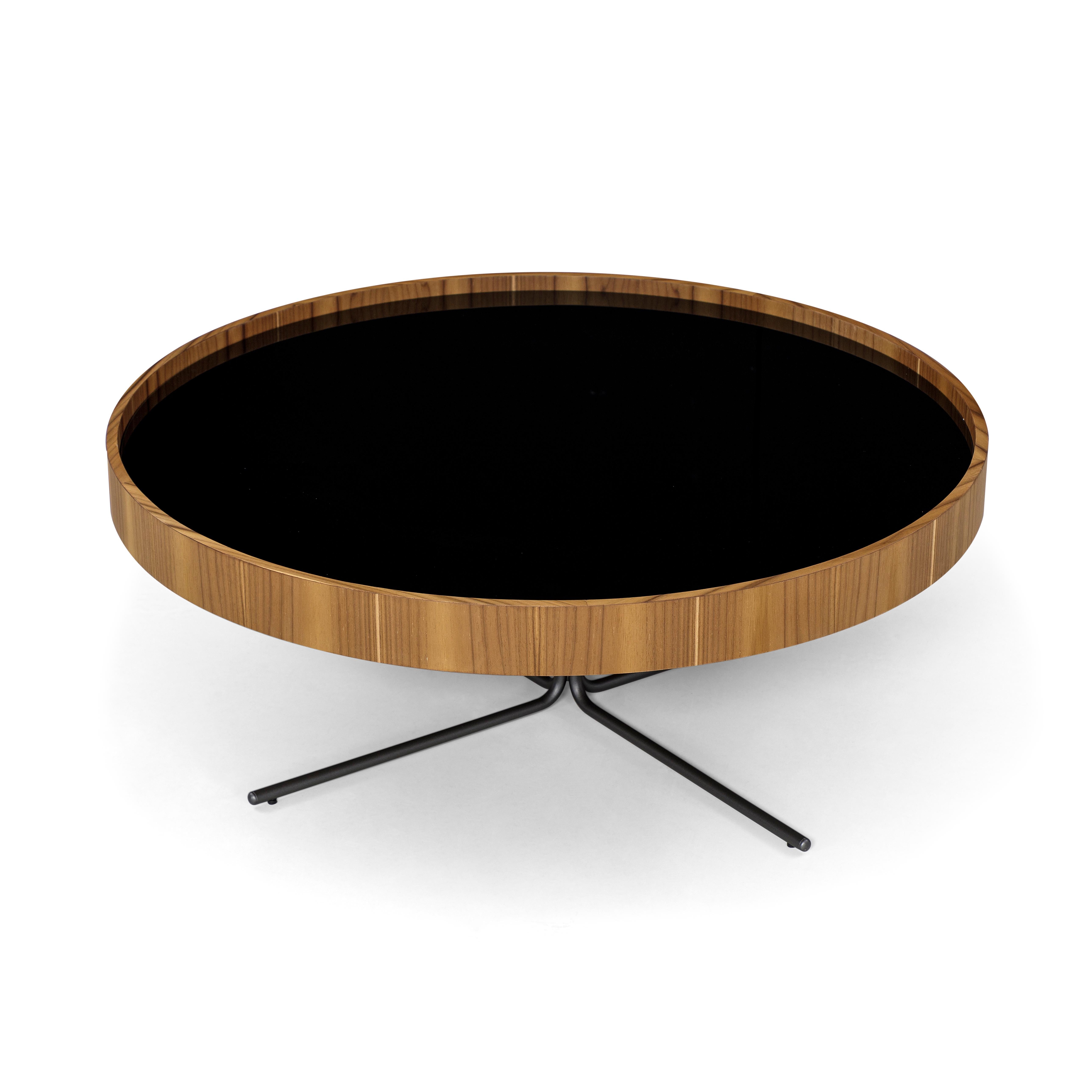 Brazilian Regia Occasional Table in Teak Wood Finish Featuring Black Glass 39'' For Sale