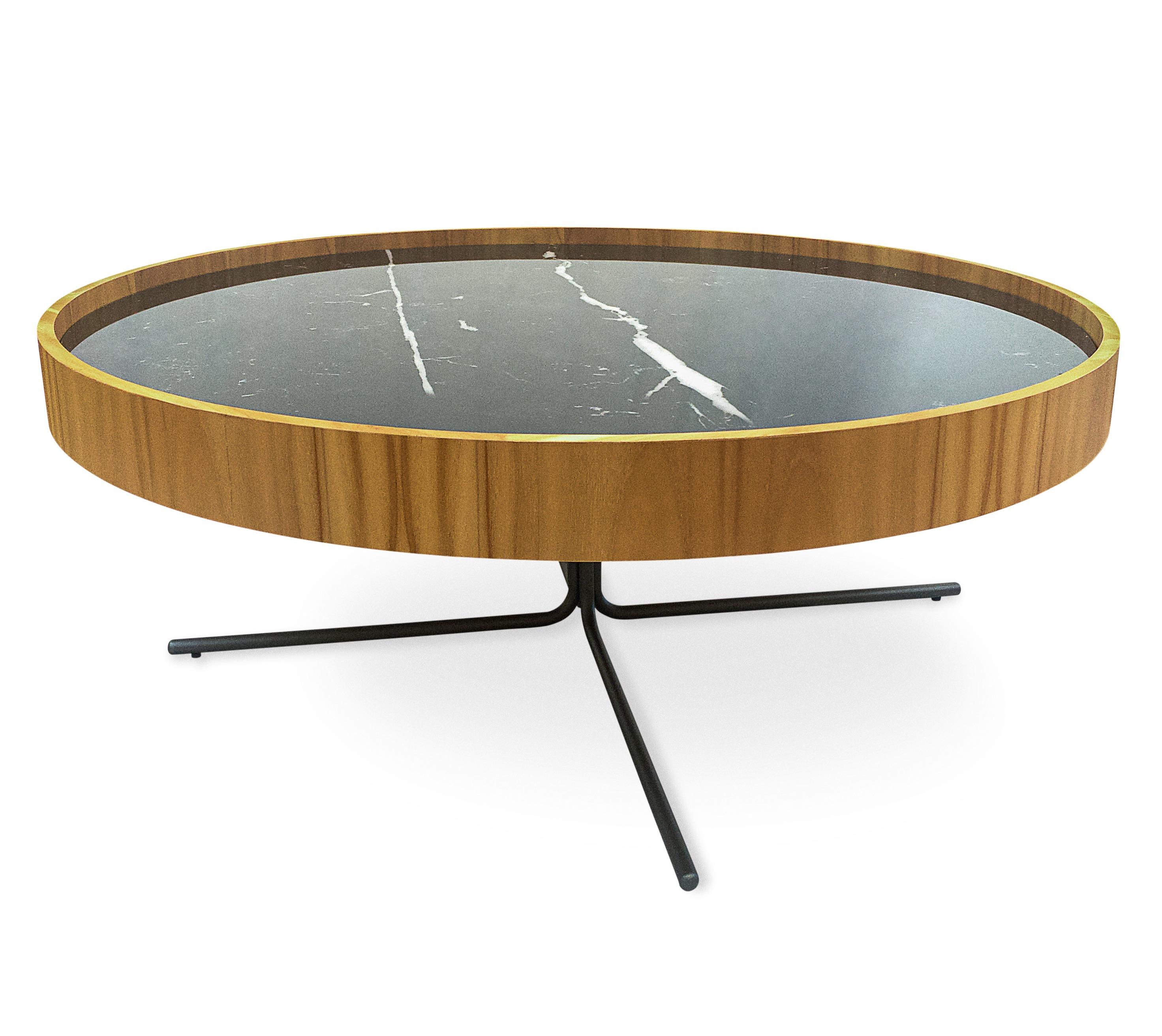 Brazilian Regia Occasional Table in Teak Wood Finish Featuring Black Nero Glass 39'' For Sale