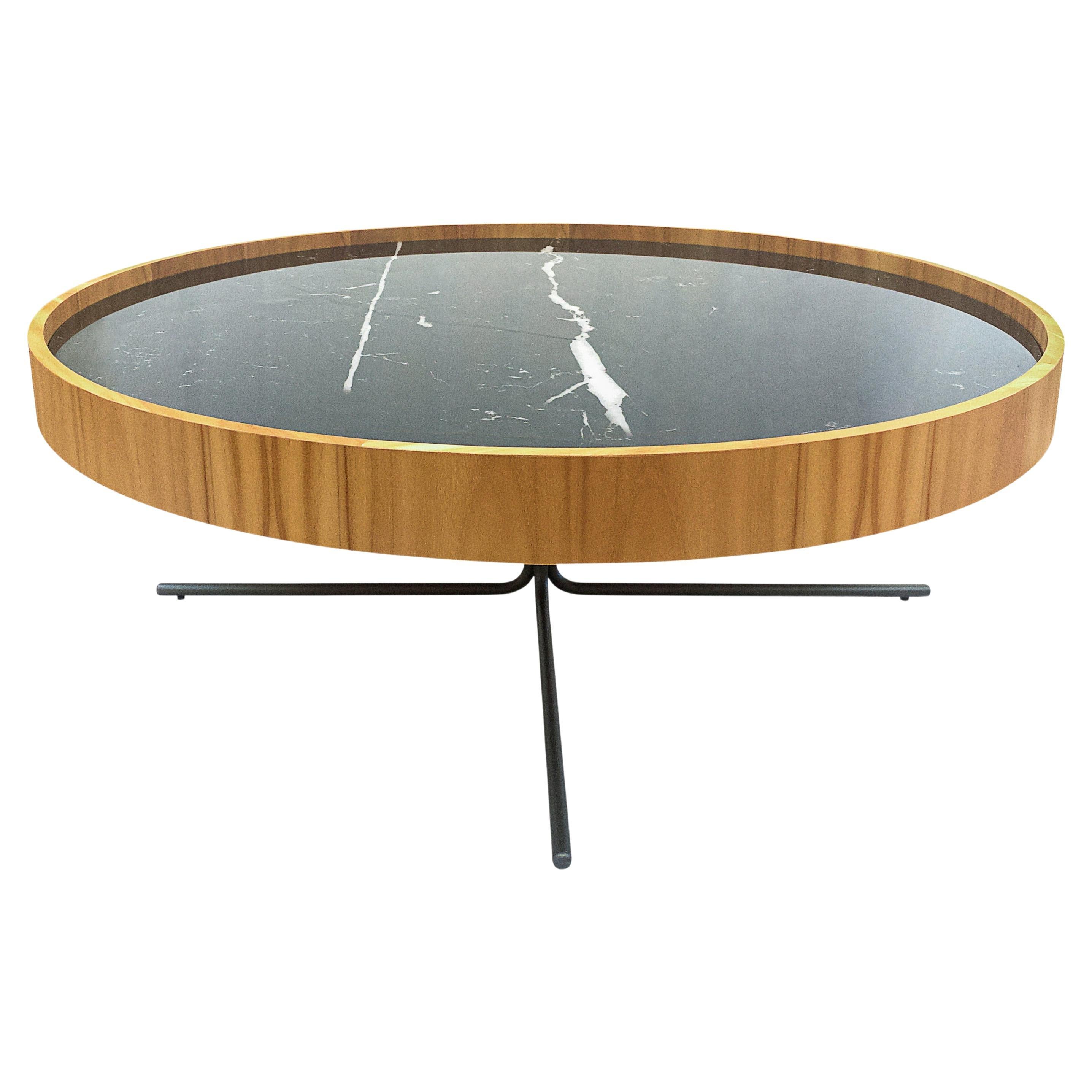 Regia Occasional Table in Teak Wood Finish Featuring Black Nero Glass 39'' For Sale
