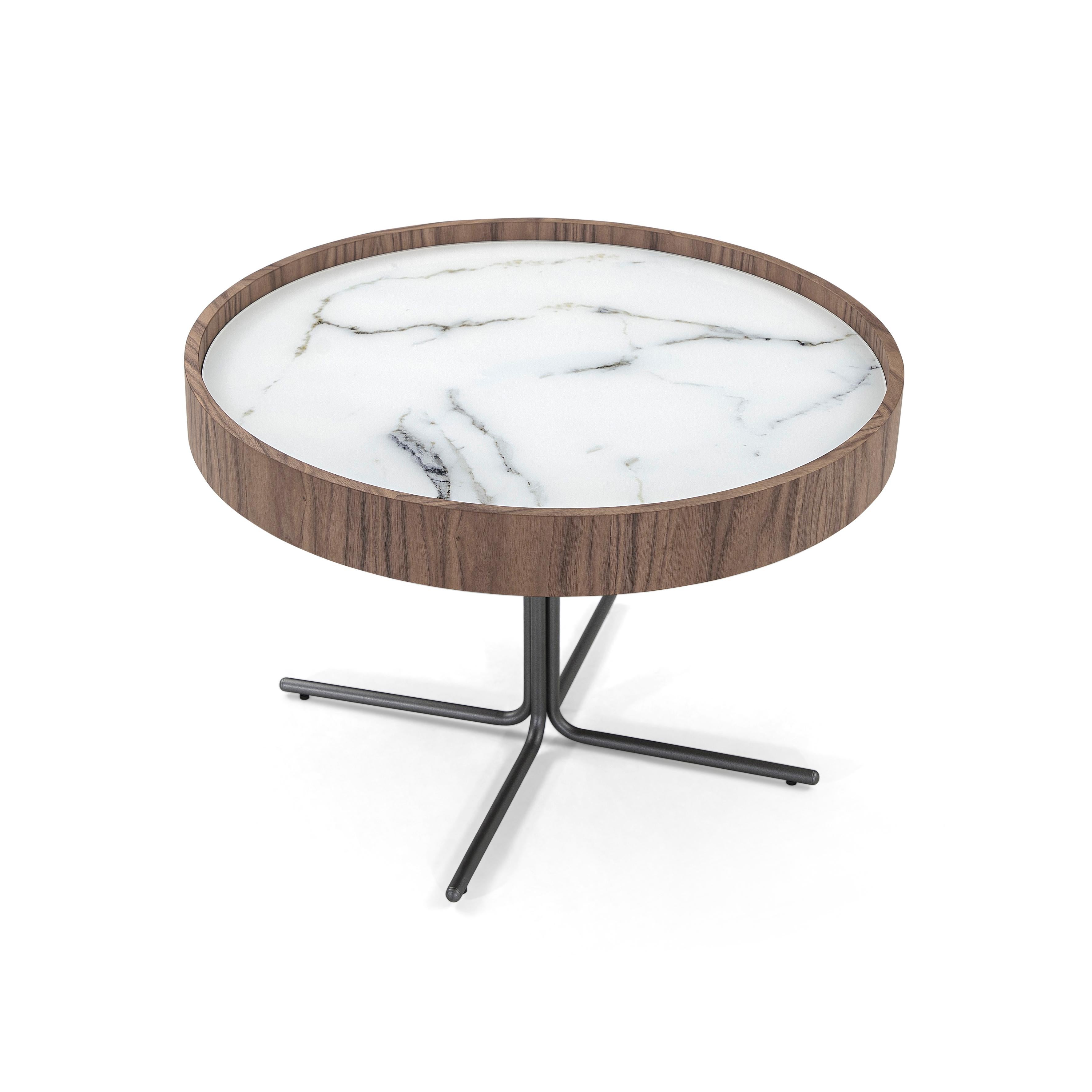 Brazilian Regia Occasional Table in Walnut Wood Finish Featuring White Glass 26'' For Sale