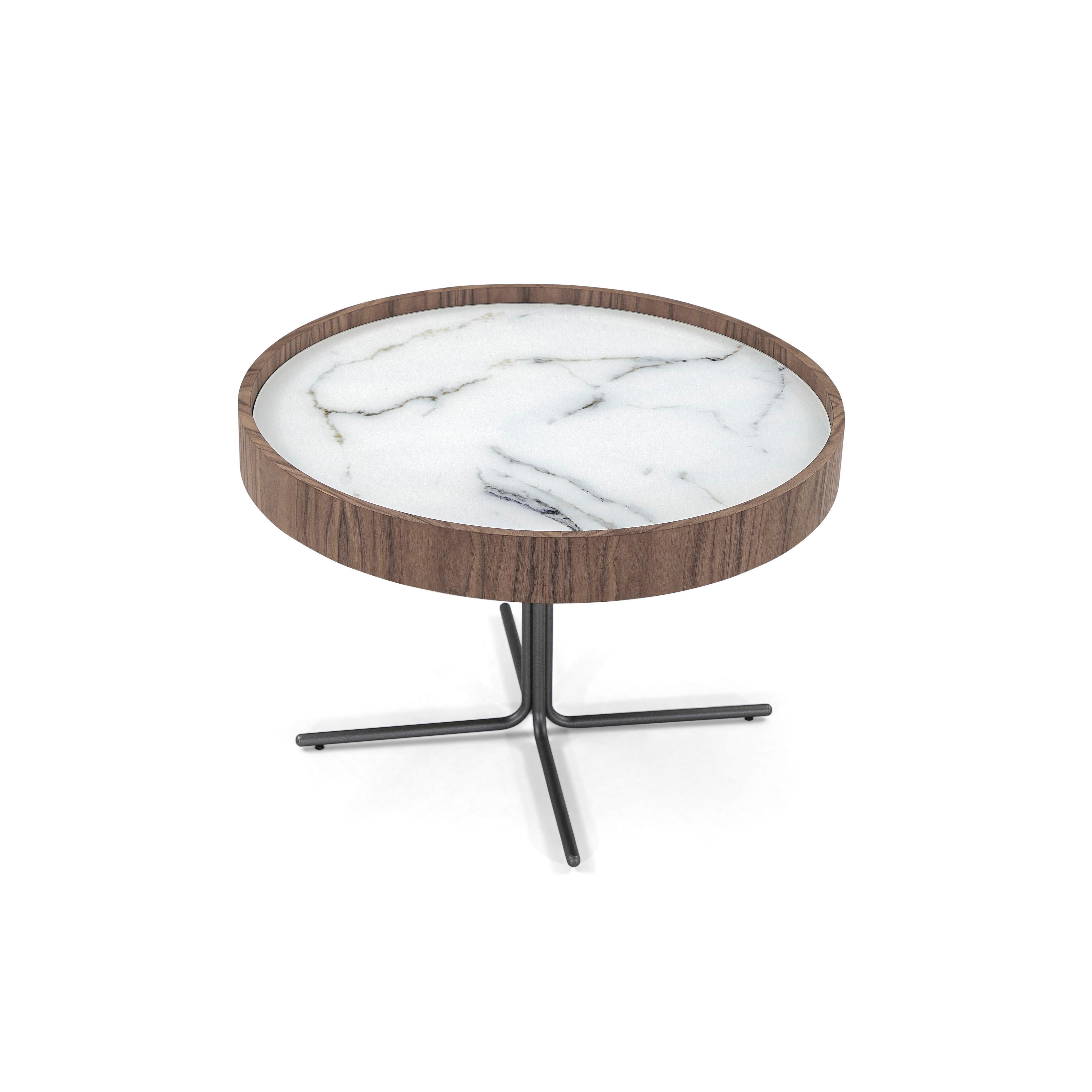 Veneer Regia Occasional Table in Walnut Wood Finish Featuring White Glass 26'' For Sale