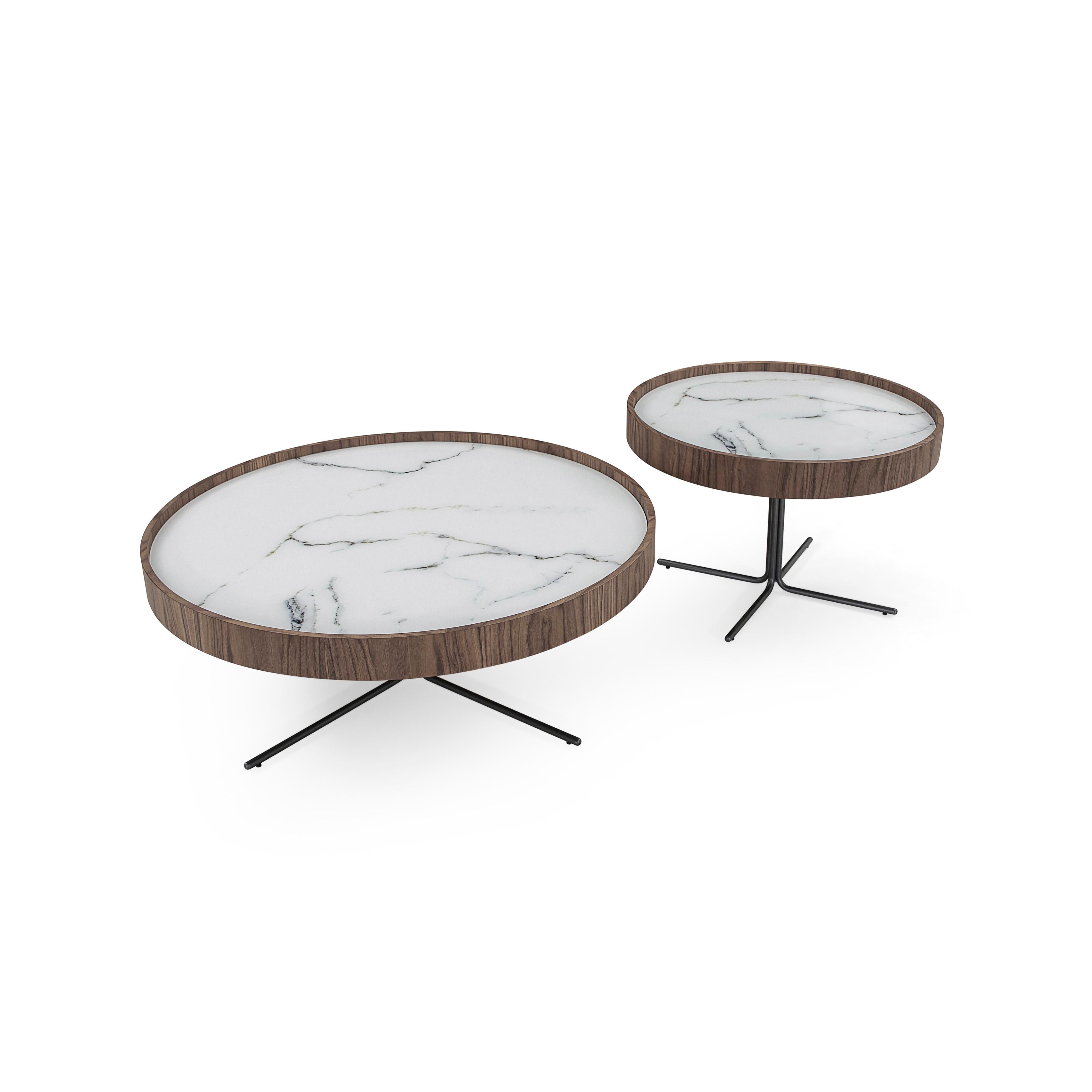 Regia Occasional Table in Walnut Wood Finish Featuring White Glass, Set of 2 In New Condition For Sale In Miami, FL