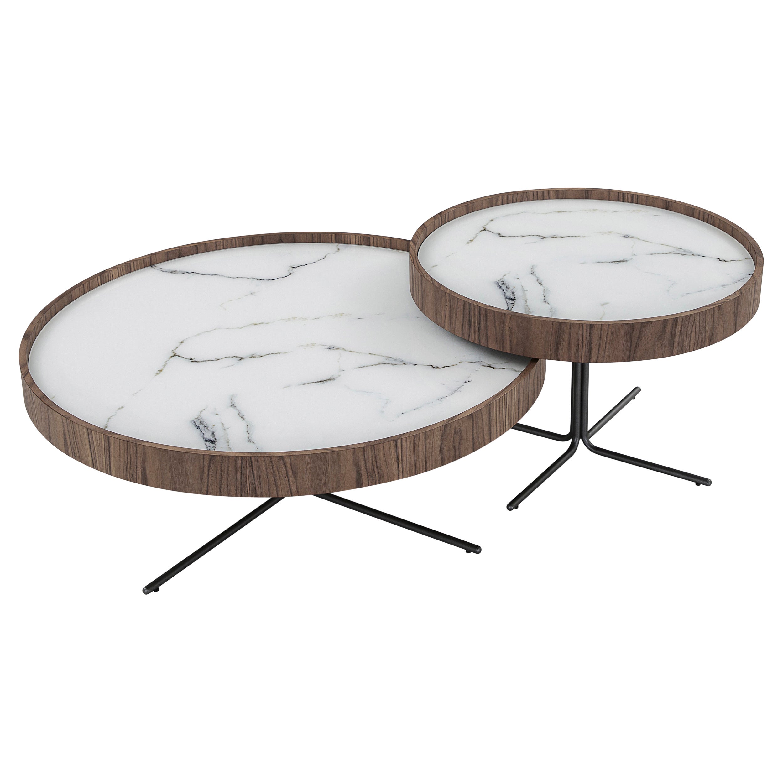 Set aus zwei Beistelltischen aus Nussbaumholz und weißem marmoriertem Glas – Regia Line