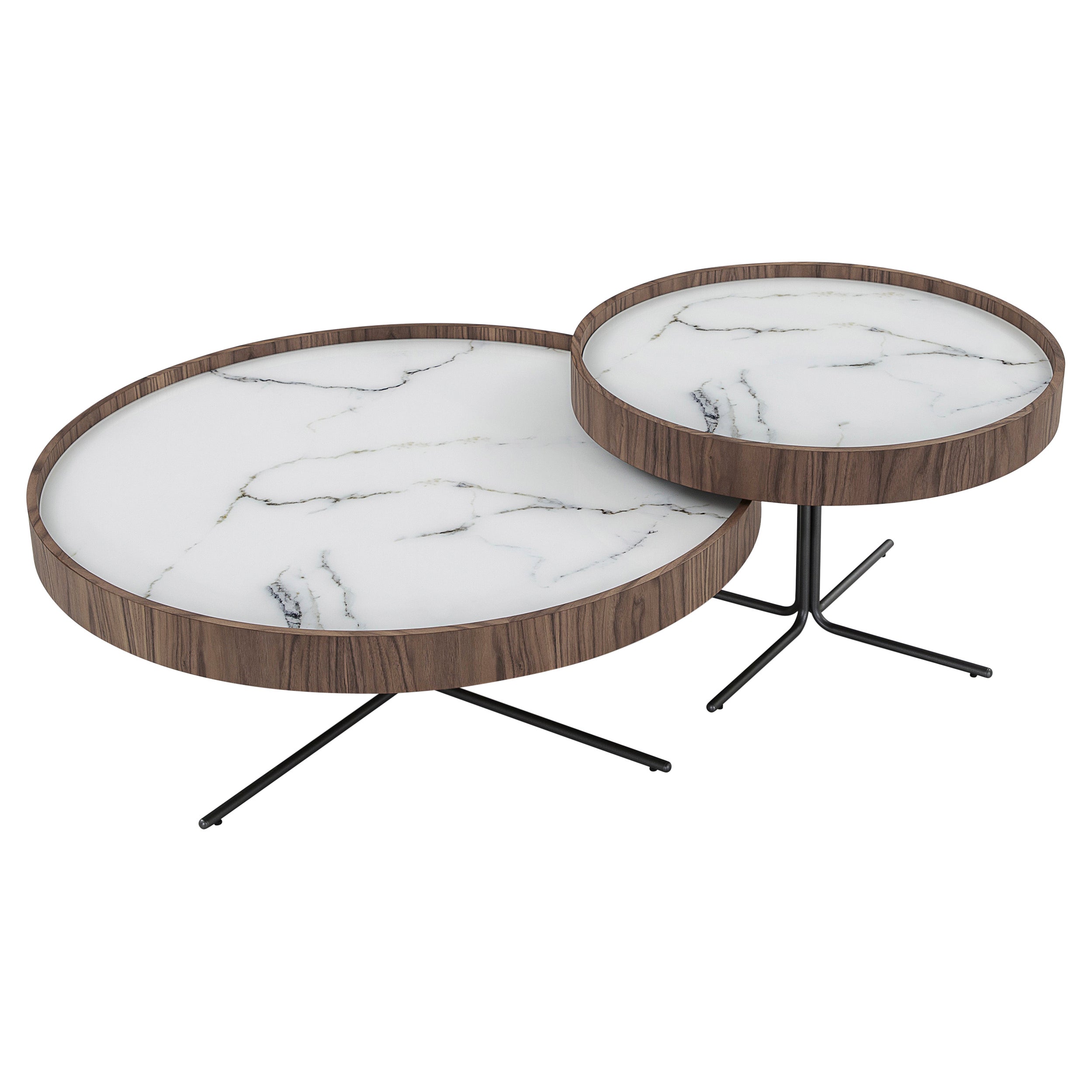 Regia Occasional Table in Walnut Wood Finish Featuring White Glass, Set of 2