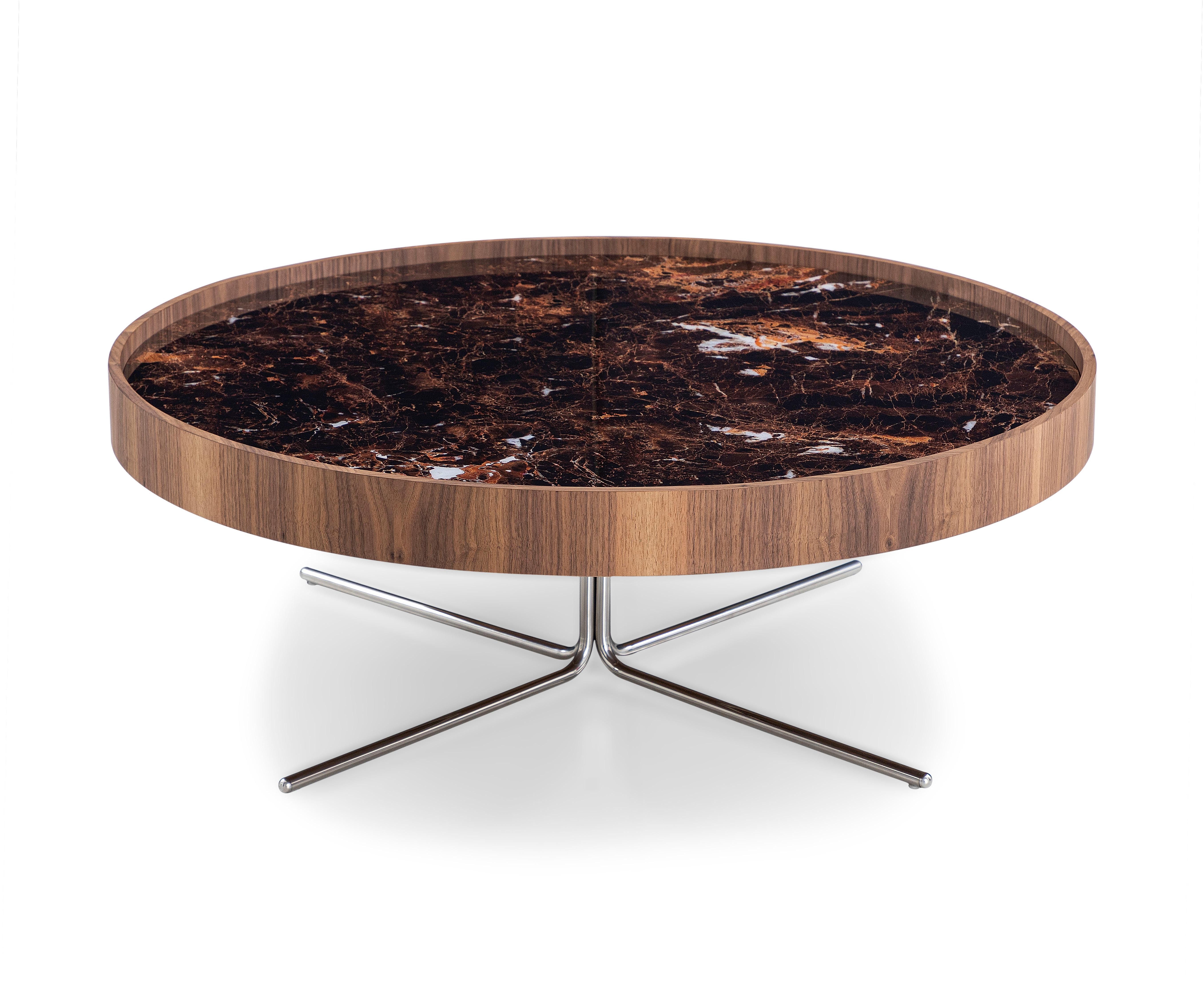 Brazilian Regia Occasional Table in Walnut Wood Finish and Imperial Brown Glass, Set of 3 For Sale