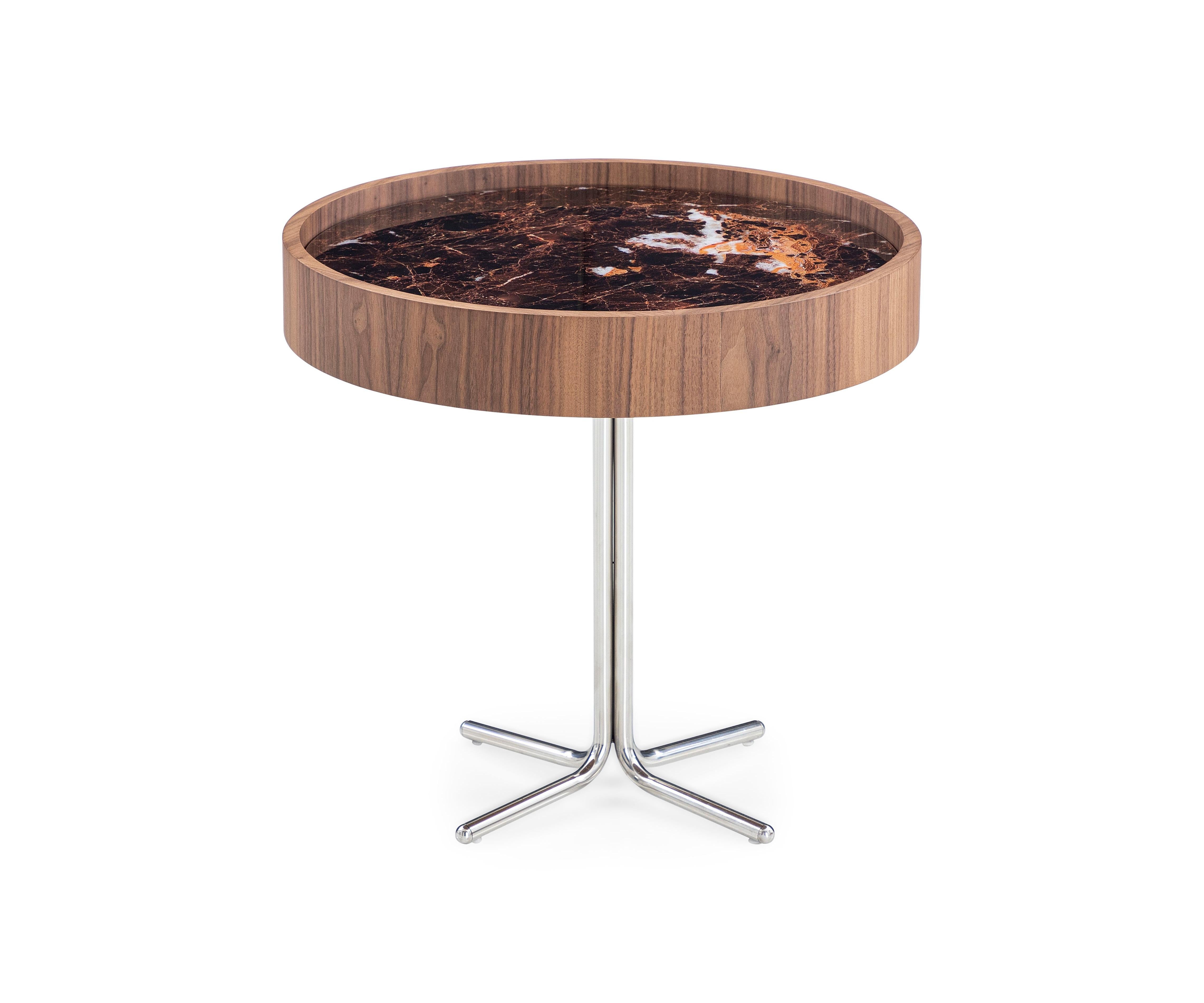 Regia Occasional Table in Walnut Wood Finish and Imperial Brown Glass, Set of 3 For Sale 2