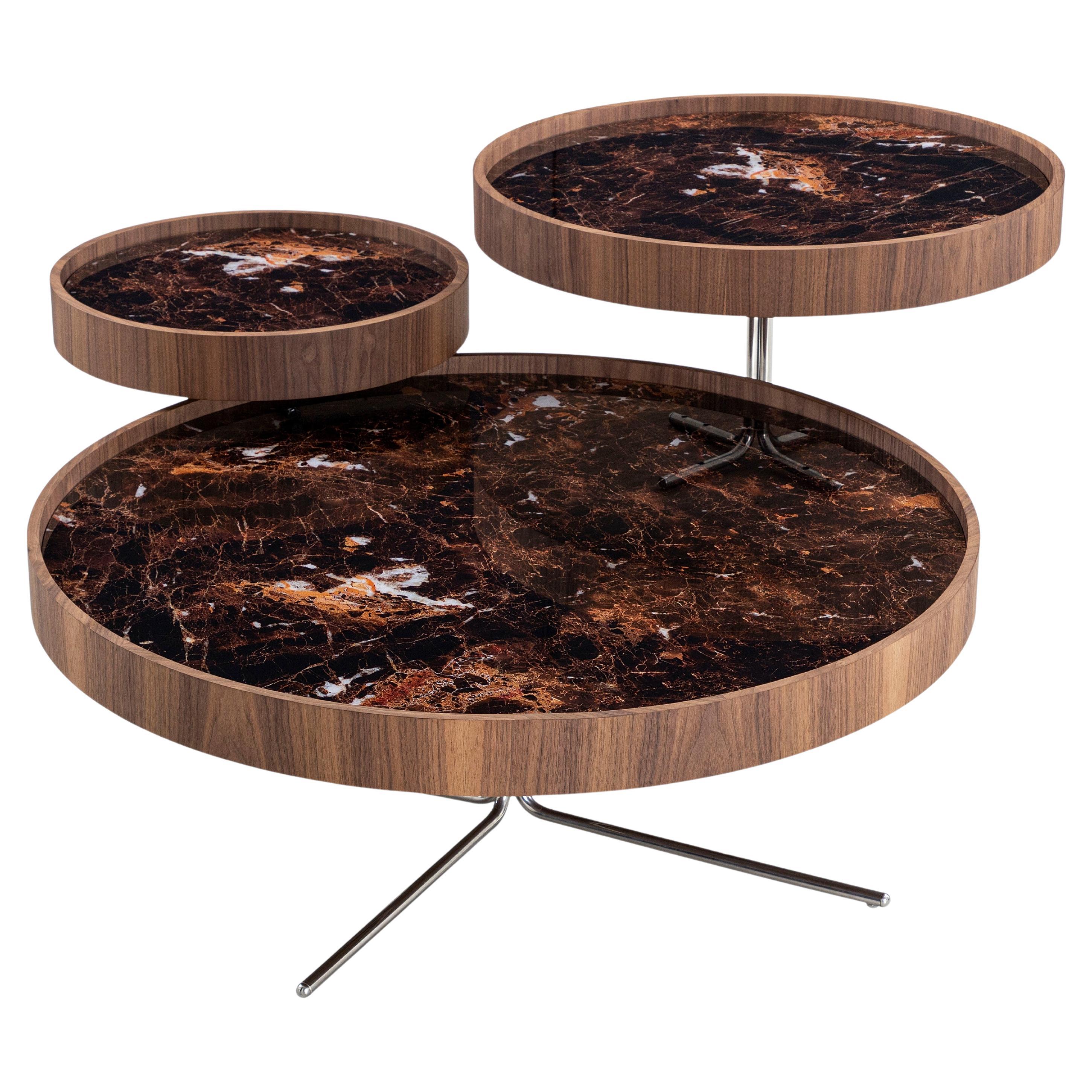Regia Occasional Table in Walnut Wood Finish and Imperial Brown Glass, Set of 3 For Sale