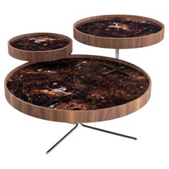 Regia Occasional Table in Walnut Wood Finish and Imperial Brown Glass, Set of 3