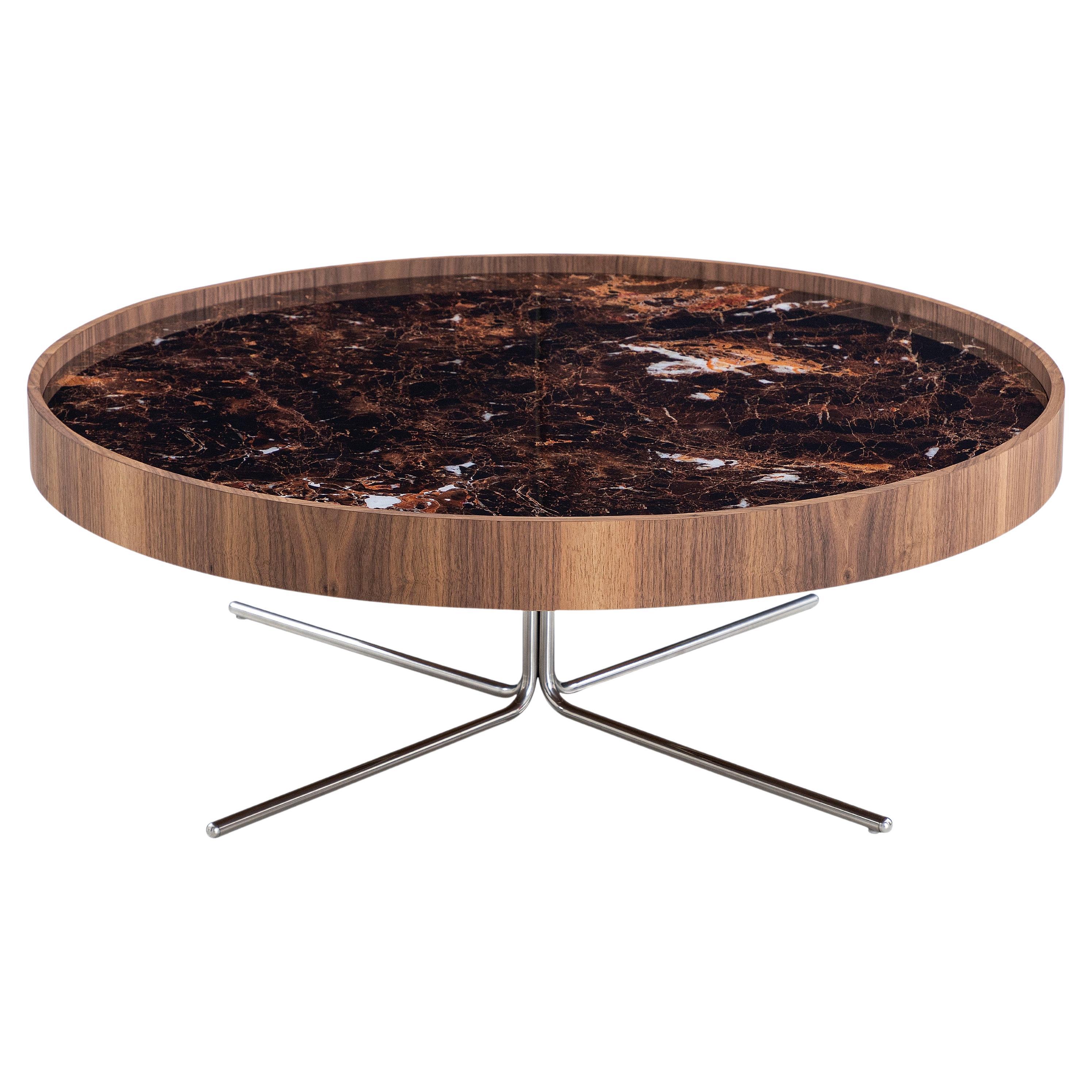 Regia Occasional Table in Walnut Wood Finish Featuring Imperial Brown Glass 39'' For Sale