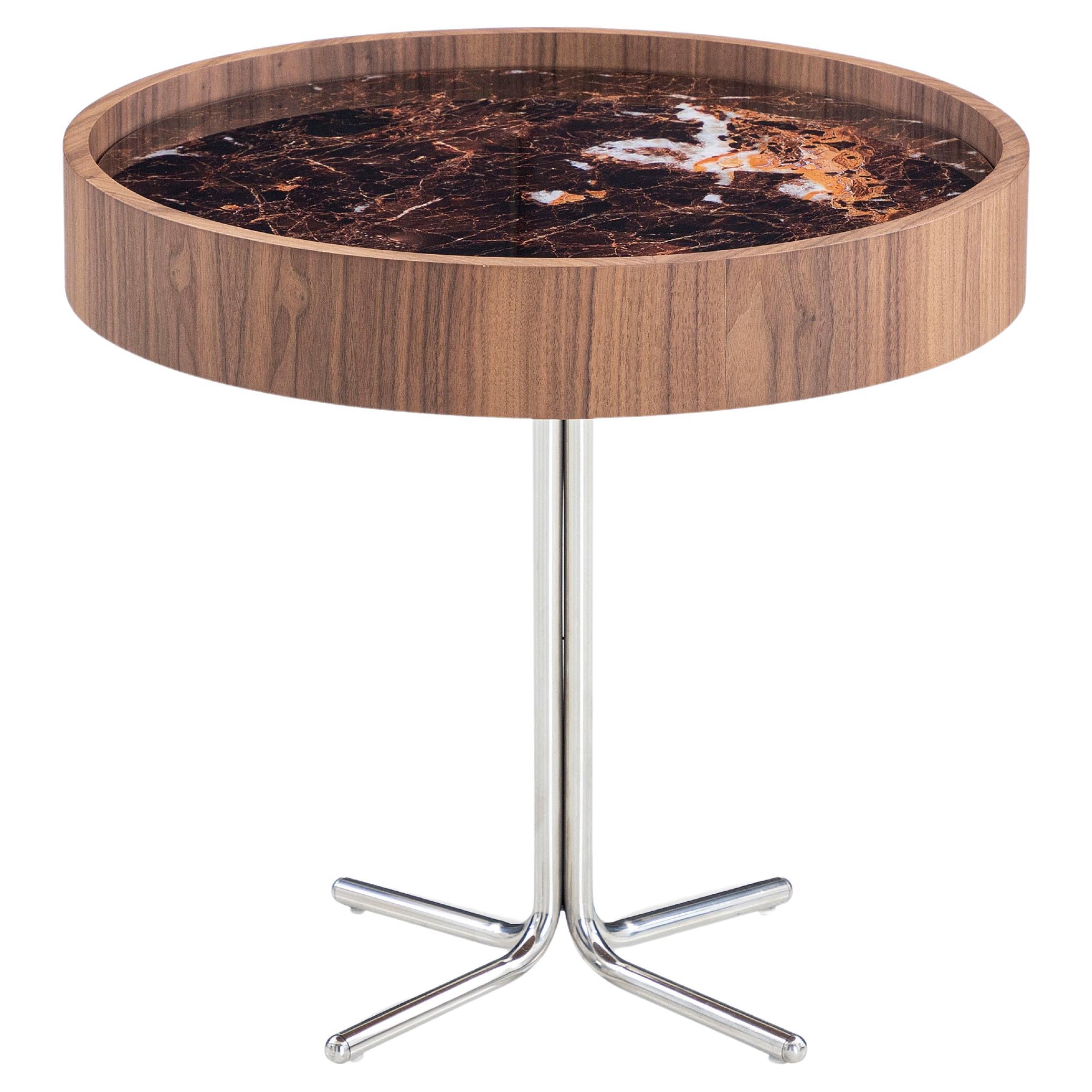 Regia Occasional Table in Walnut Wood Finish Featuring Imperial Brown Glass 20'' For Sale