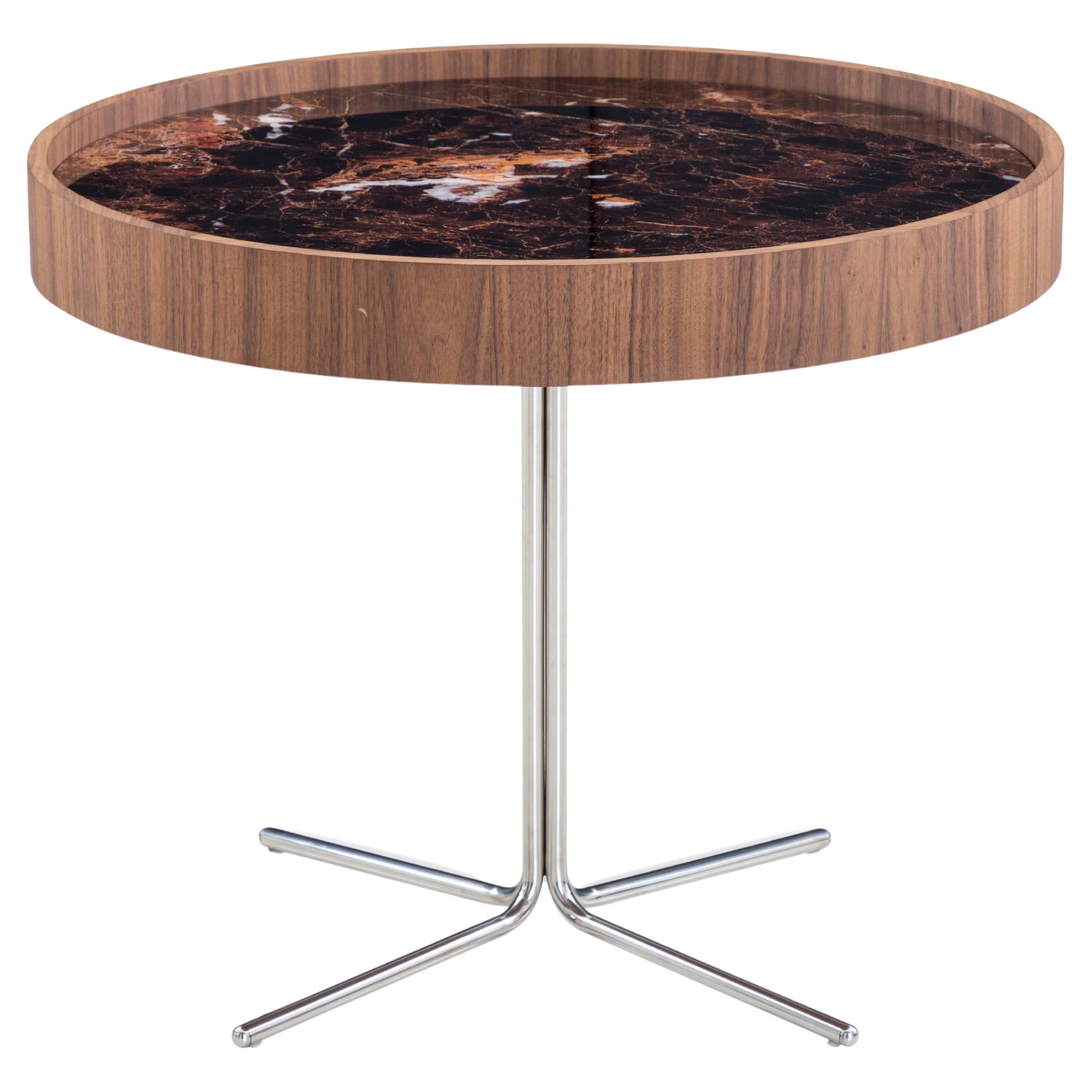 Regia Occasional Table in Walnut Wood Finish Featuring Imperial Brown Glass 27'' For Sale