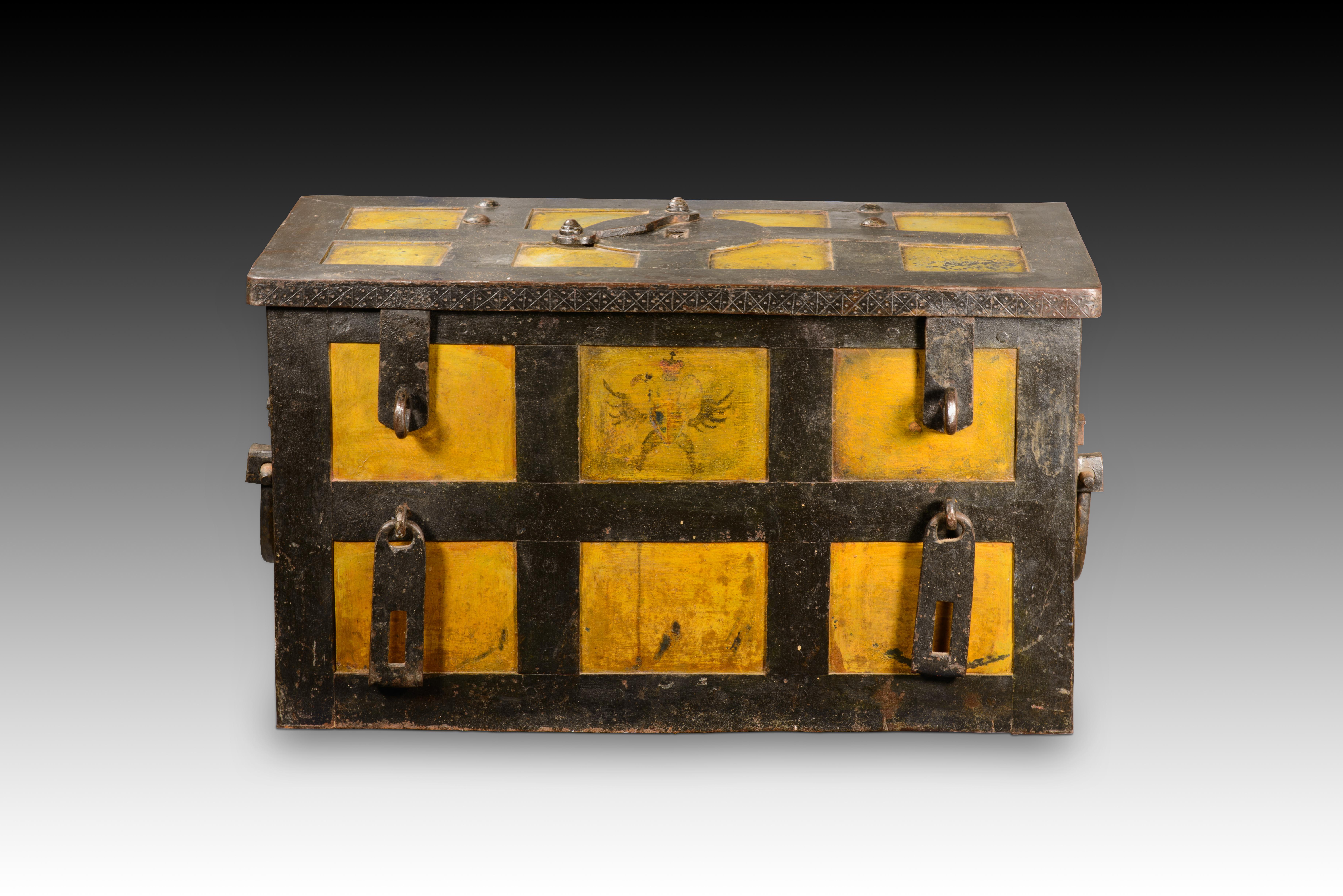  Regimental cash box. Iron. Possibly Germany, 18th century.
 It has faults. 
Rectangular safe with a flat lid containing the top bolt mechanism (which has a simple mechanism to cover the keyhole; this was usually hidden behind a decorated lid, not