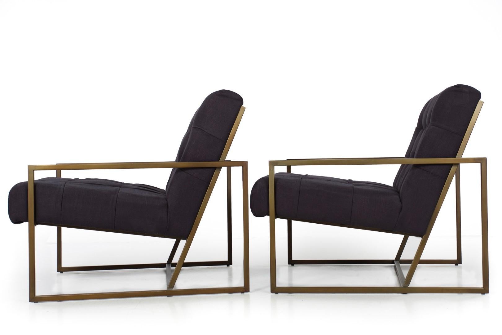 Contemporary Regina Andrew Pair of Mid-Century Modern Style Tufted Steel Arm Chairs For Sale