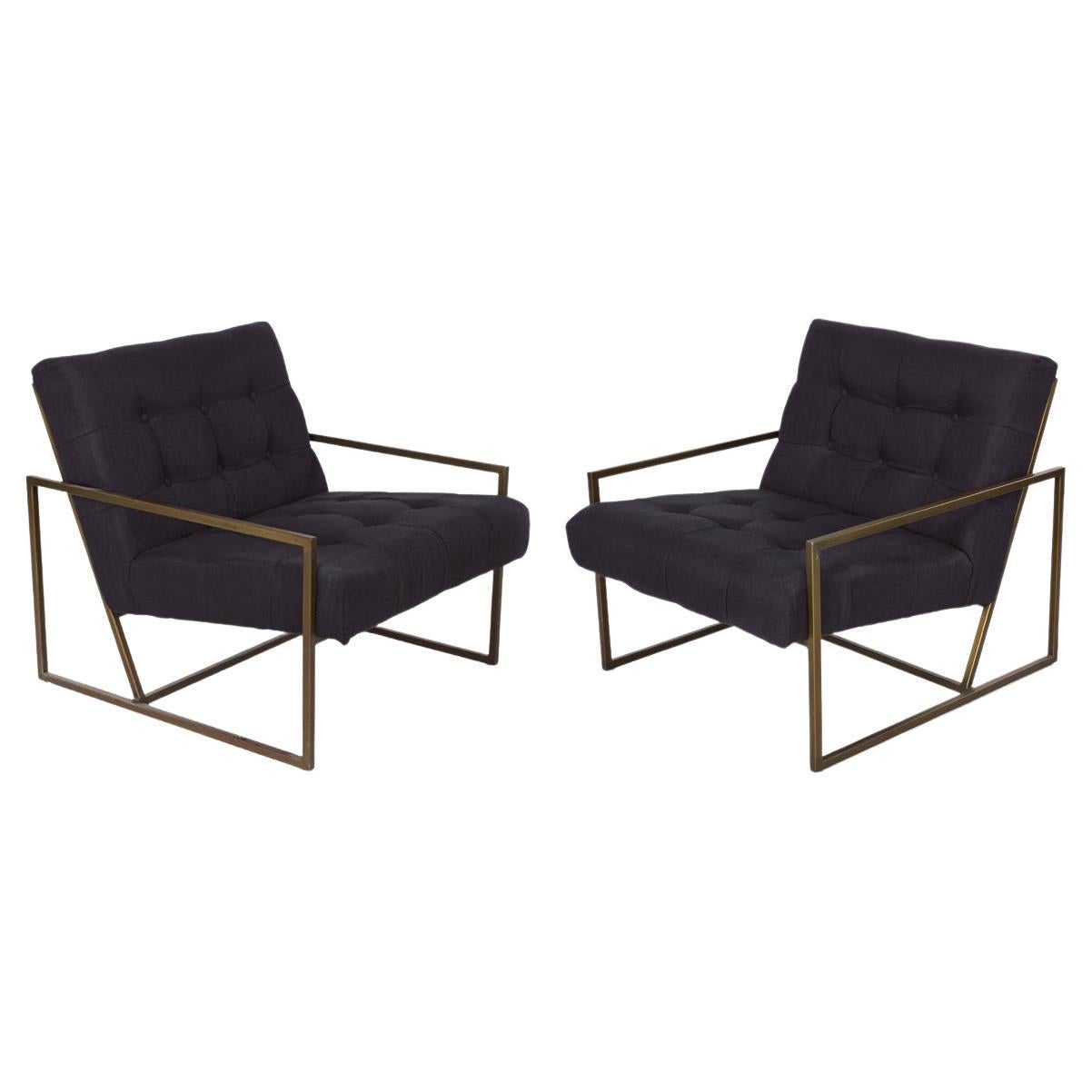 Regina Andrew Pair of Mid-Century Modern Style Tufted Steel Arm Chairs For Sale