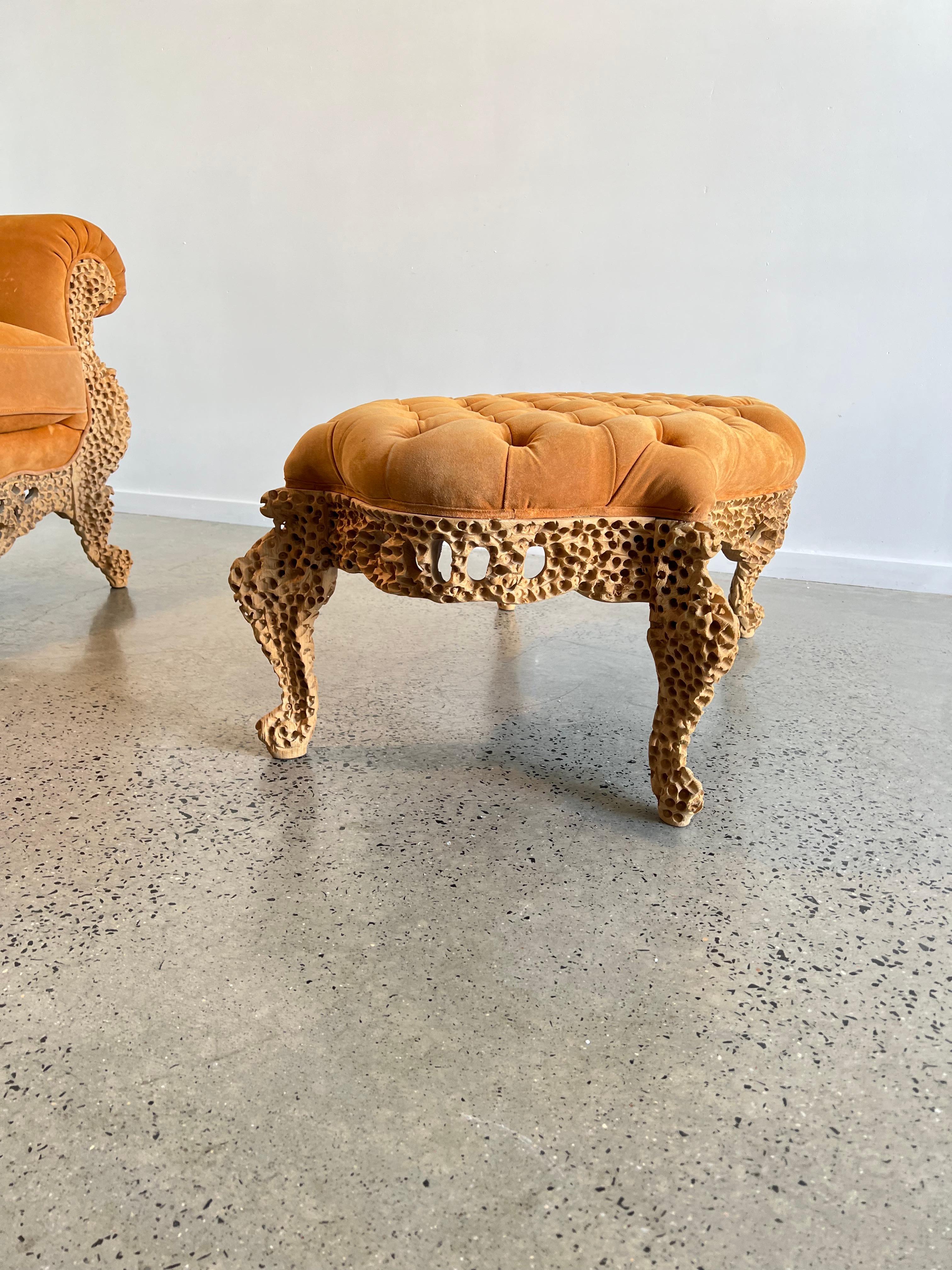 “ Regina ” armchair and Ottoman “Junior ” -  Raw wood and orange suede armchair , hand finished.???The message that Mirabili intends to portay involves well-known artist and designers, selected for their particular gifts and their poetic world,