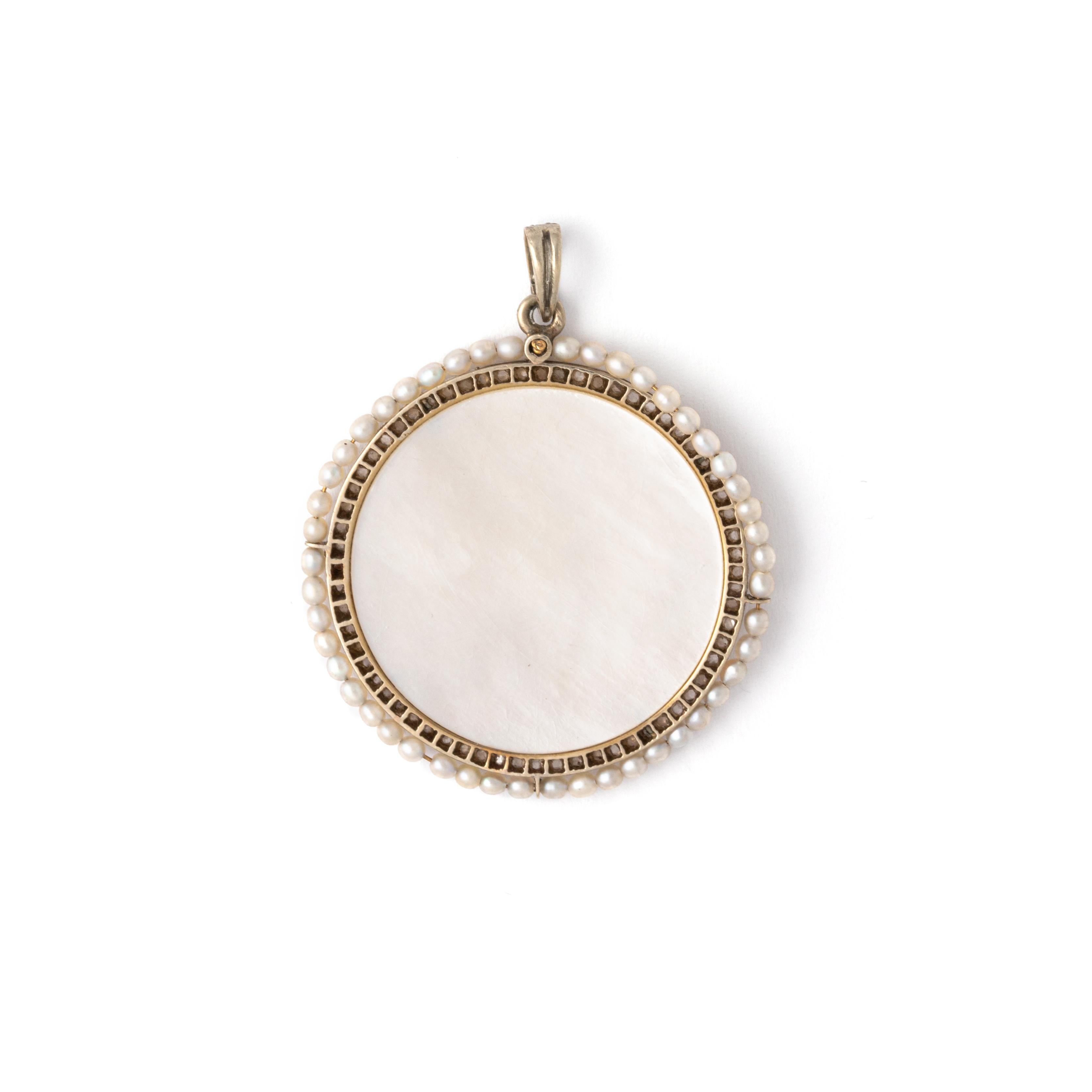 Rose Cut Regina Caeli Mother-of-Pearl Diamond and Pearl White Gold Pendant For Sale